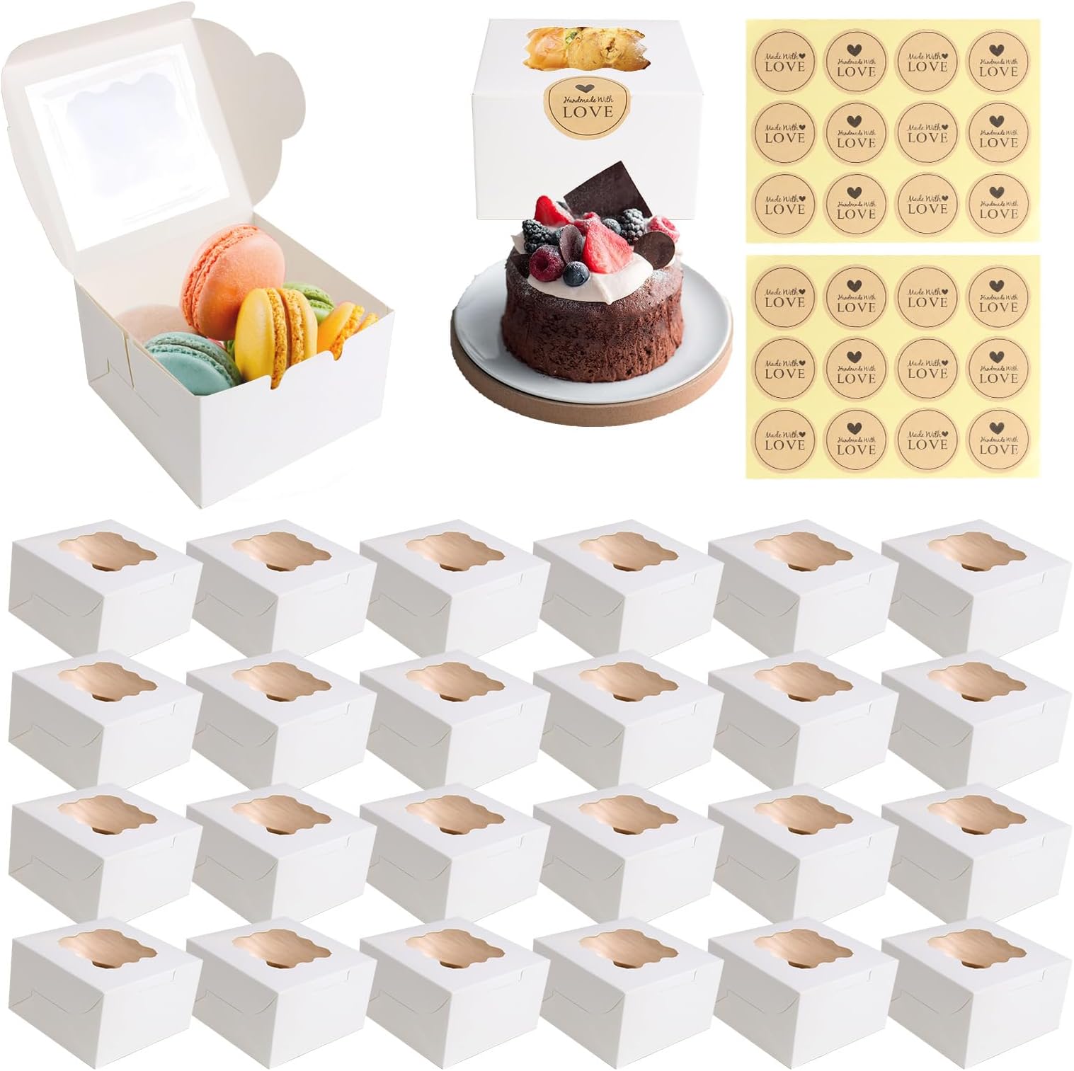 24PCS Cardboard Cake Boxes, 4 inch Cupcake Boxes with Windows and 24 Stickers Paper Bakery Cake Box for Cupcakes Desserts Pastries Cookies Candy Pies Muffin Bakery Macaron Gifts (White)