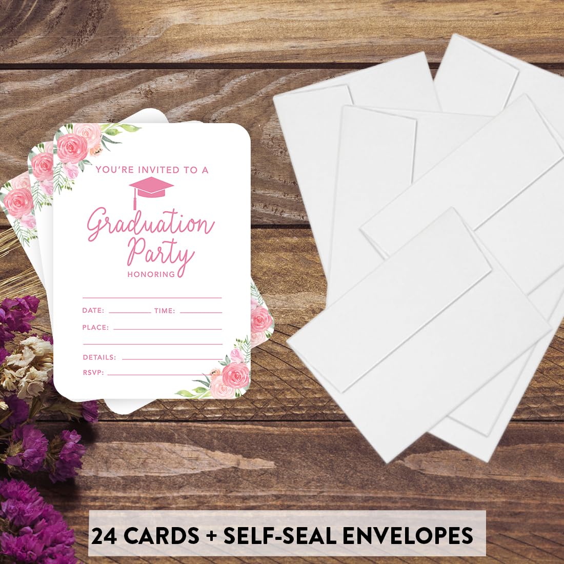 Andaz Press Schulabschluss-Einladungskarten – 24 Stück Mit Umschlägen, 12,7x17,8 Cm, Rosa Pfirsich-Rosen-Design