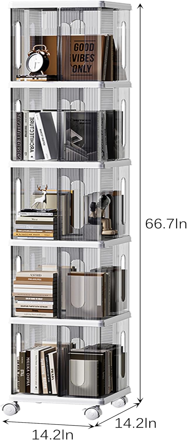 Rotating Bookshelf Tower, 360-Degree rotating bookshelves, Small Space Spinning Bookshelf with Wheels, Revolving Bookcase Suitable for Bedrooms, Living Rooms, Studies and Offices (Grey,5Tier) - Image 2