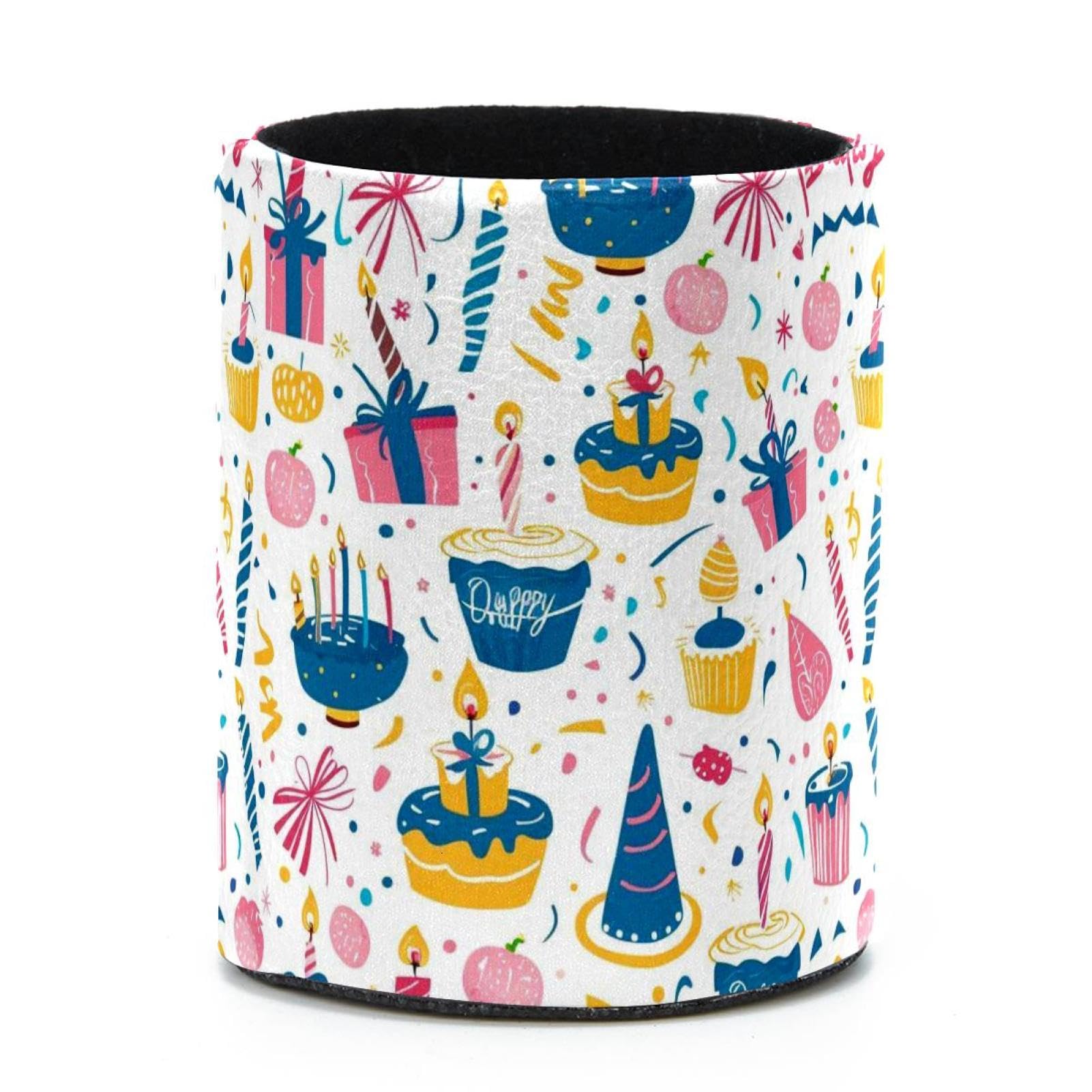 VAPOKF Round Pencil Holders for Desk, Birthday Cake Pattern Pen Holders Pen Pot Makeup Brushes Storage Desktop Stationery Supplies Organiser for Home Office