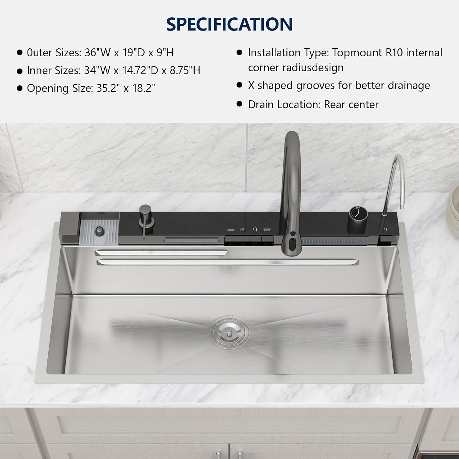 Logmey 36" Smart Dual Waterfall Sink with Digital Display,Water Purifier,Nano PVD Drop in Kitchen Sink with Faucet,16 Gauge Stainless Steel Sinks with Temperature Control Knob,5 Buttons,36x19x9