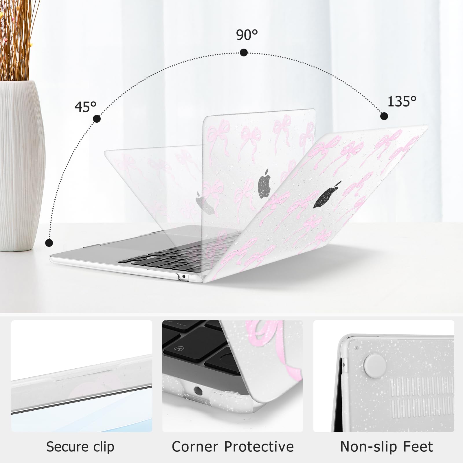 MOSISO Custodia Compatibile con MacBook Air 13 Cover 2025-2022 M4 A3240 M3 A3113 M2 A2681, Nastri Fiocchi Brillanti Plastica Rigida&Copritastiera&Pellicola per MacBook Air 13.6 Pollici Case, Rosa
