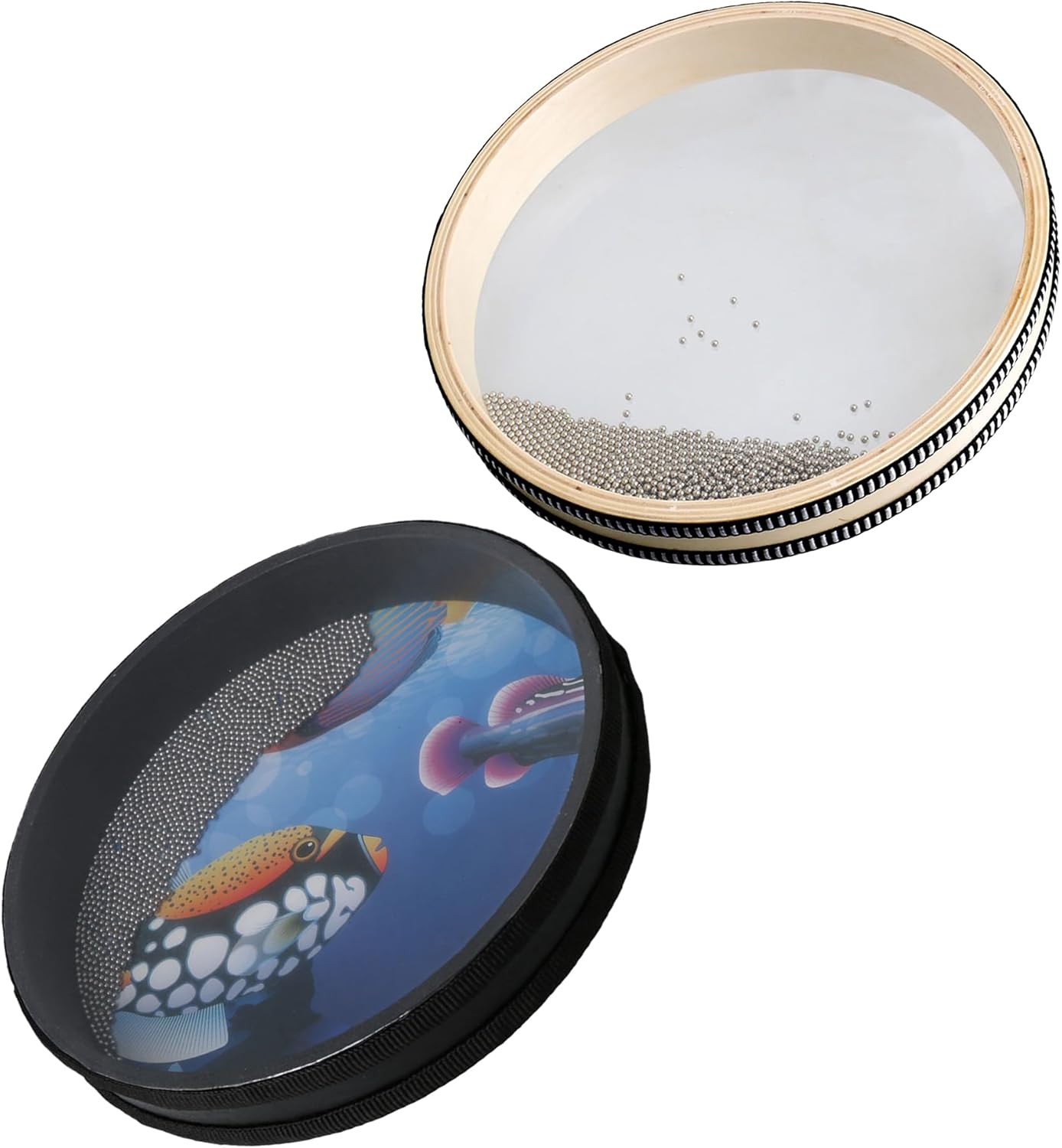 ETFBUY 2pcs 9.96inch Ocean Wave Bead Hand Drum with Natural Wood Style and Ocean Style for Music Lovers Gifts