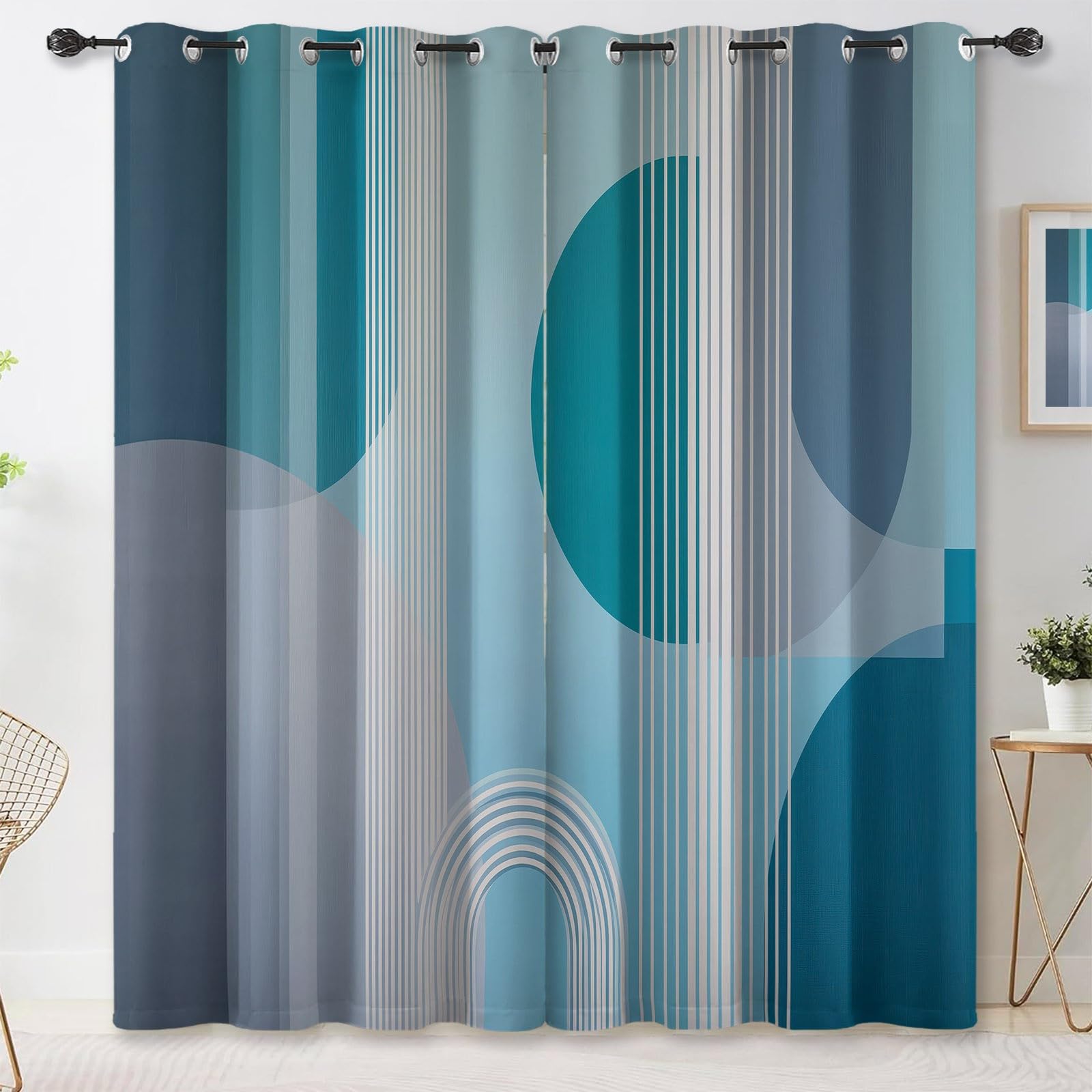 Simple Blackout Curtains for Bedroom, Light Blue Thermal Insulated Noise Reduction Eyelet Drapes with Geometry Circles Lines Pattern for Living Room Kids Room Kitchen, W 29.5" x L 65" (2 Panels)