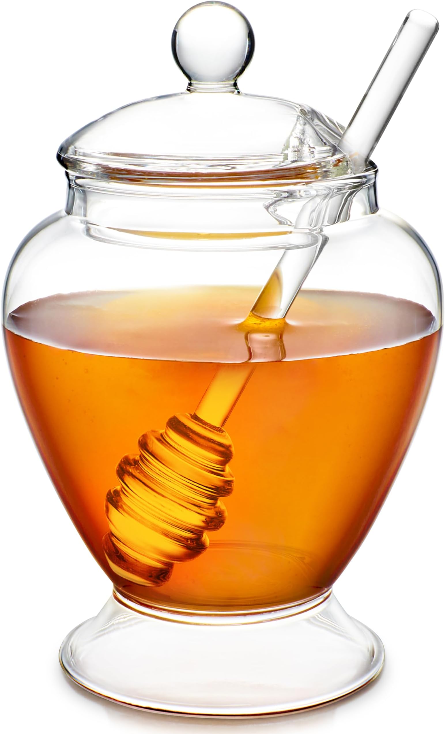 Pure Bliss Honey Jar with Dipper and Lid - Hand-crafted with Highly Hygienic, Non-Porous Borosilicate Glass (14 oz)