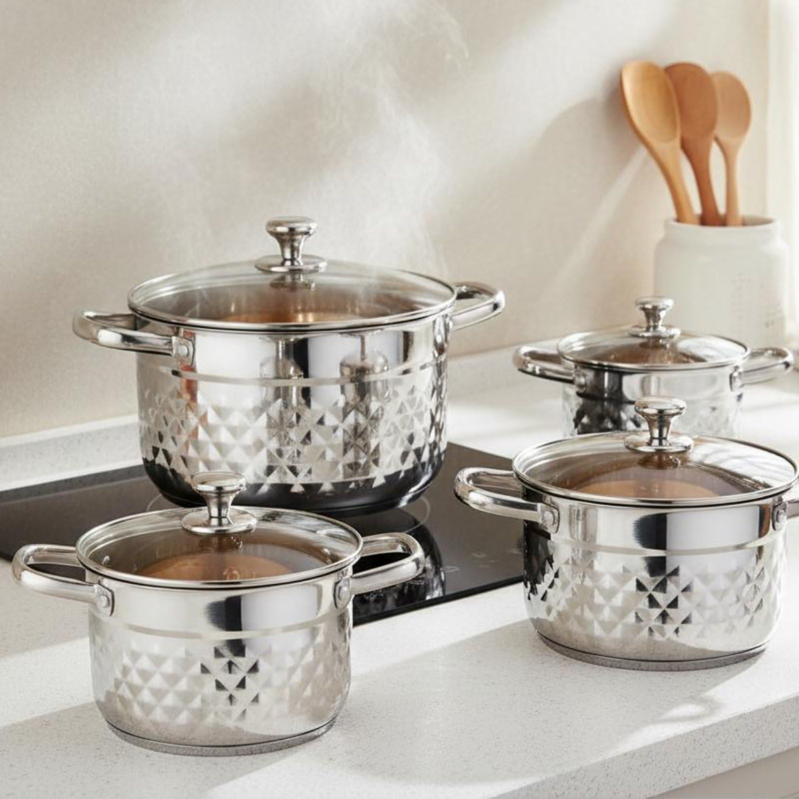 8 Pièces Set de Casseroles Inox Double Poignée Casserole En Acier Inoxydable Fond Épais Ensemble de Cuisine En Acier Inoxydable pour Restauration, Moderne, Poignées En Or Rose