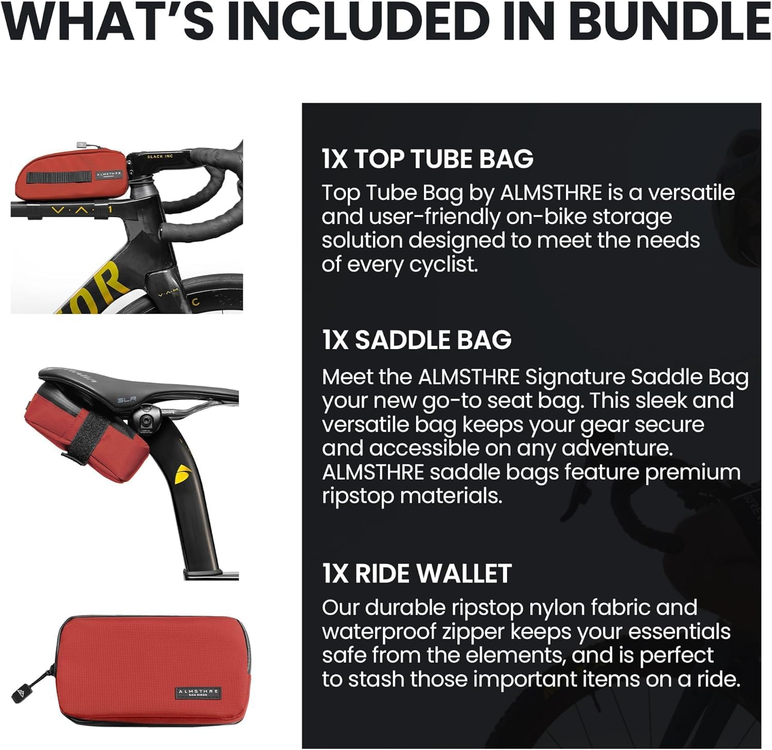 ALMSTHRE Signature Bike Saddle Bag Bundle - Red| Top Tube Bike Bag, Bike Saddle Bag & Ride Wallet Set | Top Tube Bag with Straps, Bolts & Tether Cord | Waterproof Zippers Across All Items