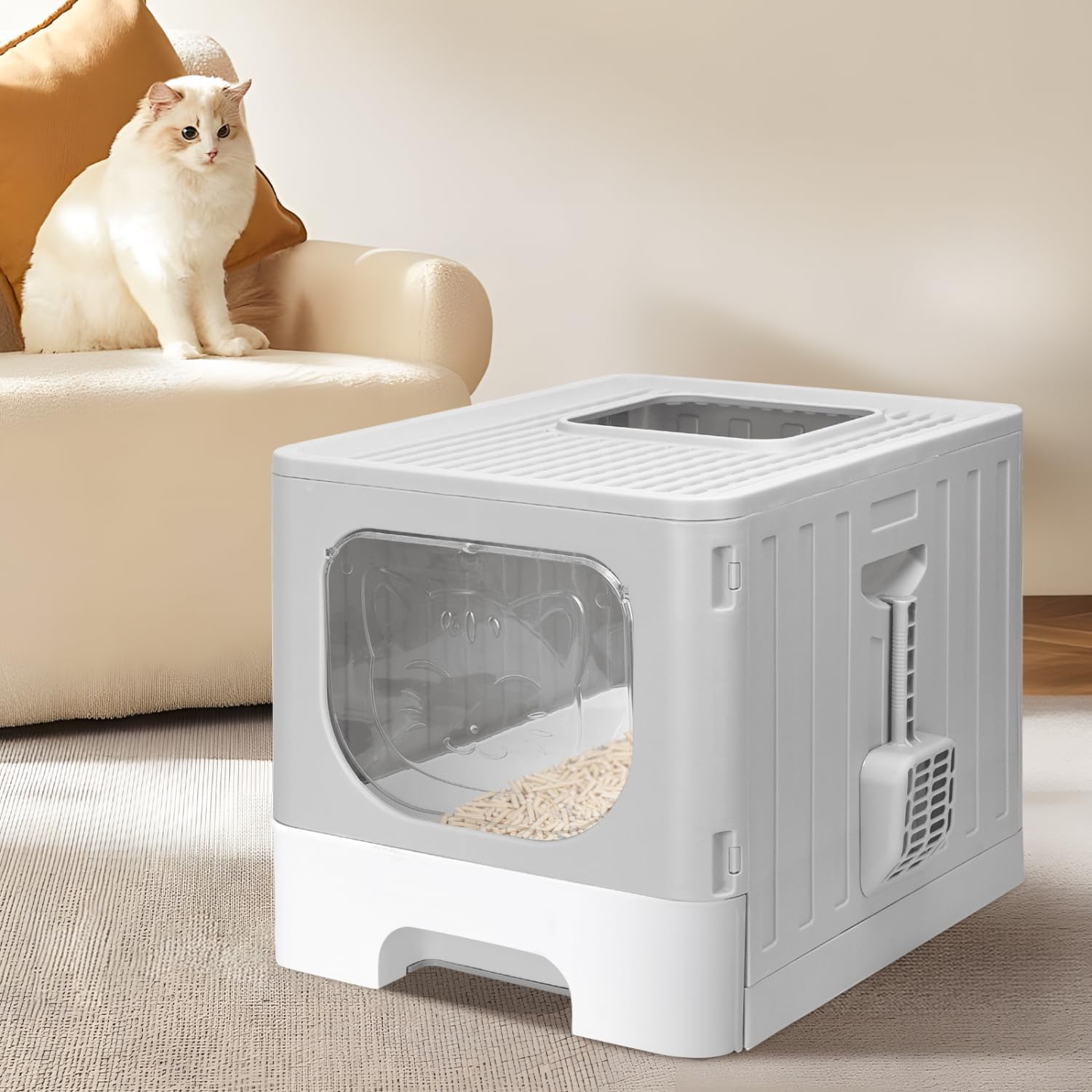Nobleza - 2 x Arenero para Gatos, Caja de Arena Plegable para Gatos, Caja Arena con Bandeja Extraíble y Pala, Espacioso para Gatos Grandes, 48.5 x 38.5 x 38.2 cm