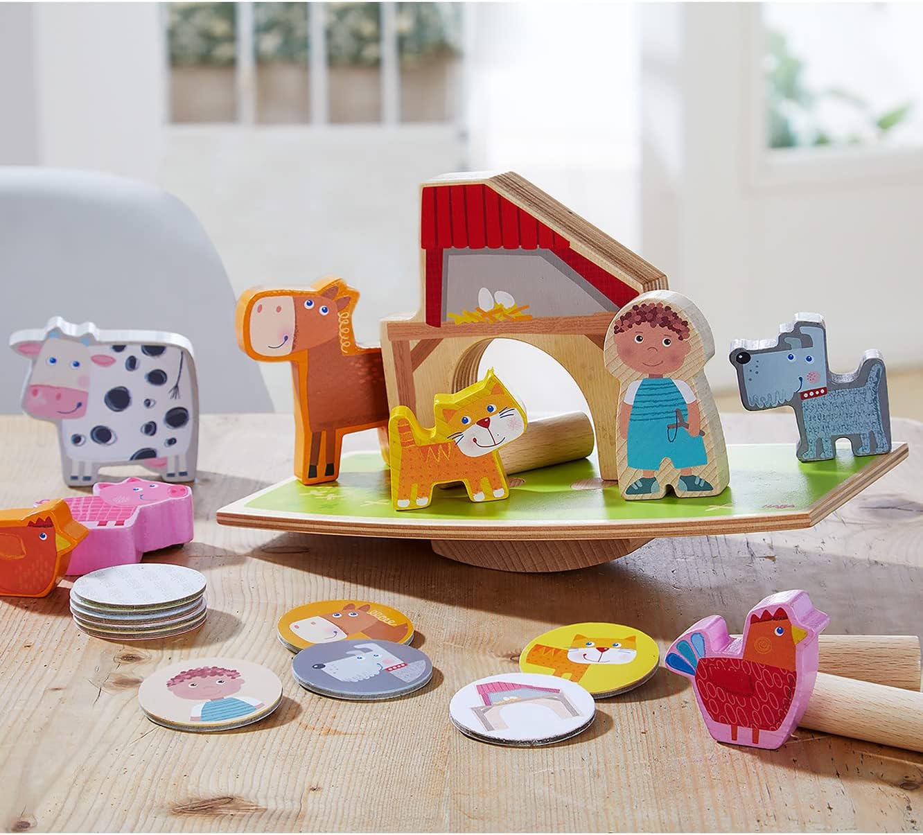 HABA Wooden Toddler Stacking Toys, On The Farm Balancing Game and Wooden Montessori Toys for Preschool Learning, Includes 12 Animal Figures, Made in Germany