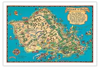 Amazon.co.jp: ハワイ - オアフ島地図 - ビンテージなハワイアン