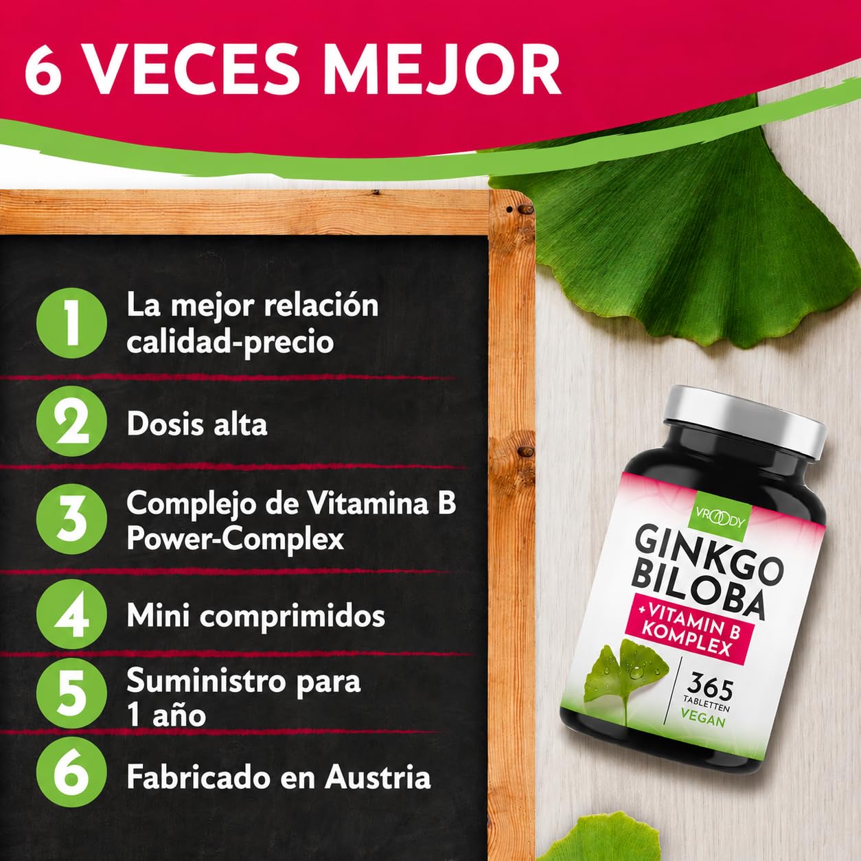 VROODY Ginkgo Biloba Vegano 6000mg Alta Dosis con Complejo de Vitaminas B | Ayuda a Reducir el Cansancio y la Fatiga | 365 Mini Comprimidos Fáciles de Tragar | Suministro para 1 Año