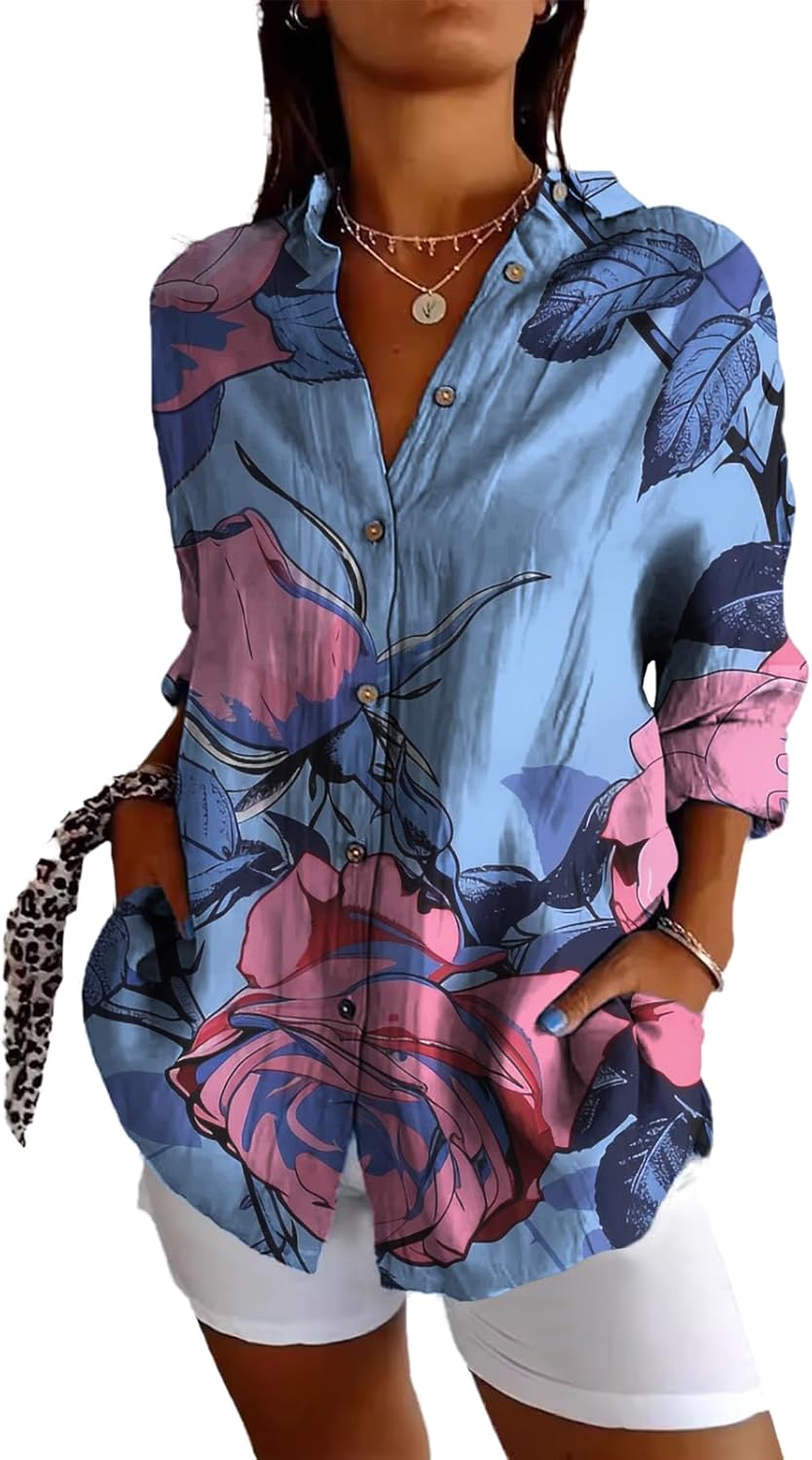 domirica Active Tops for Women Button Up Loose V Neck Collar Hippie Blouses Three-Quarter Sleeve Basic Tops