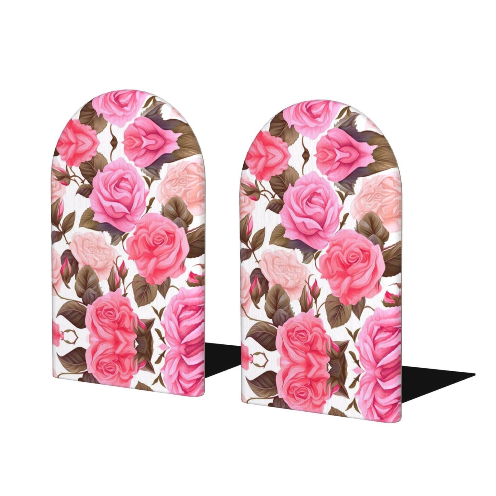 Floral Flower Rose Pink Stylish Bookends with Full-Print Design Durable Wooden and Metal Bookend Set for Home, Office