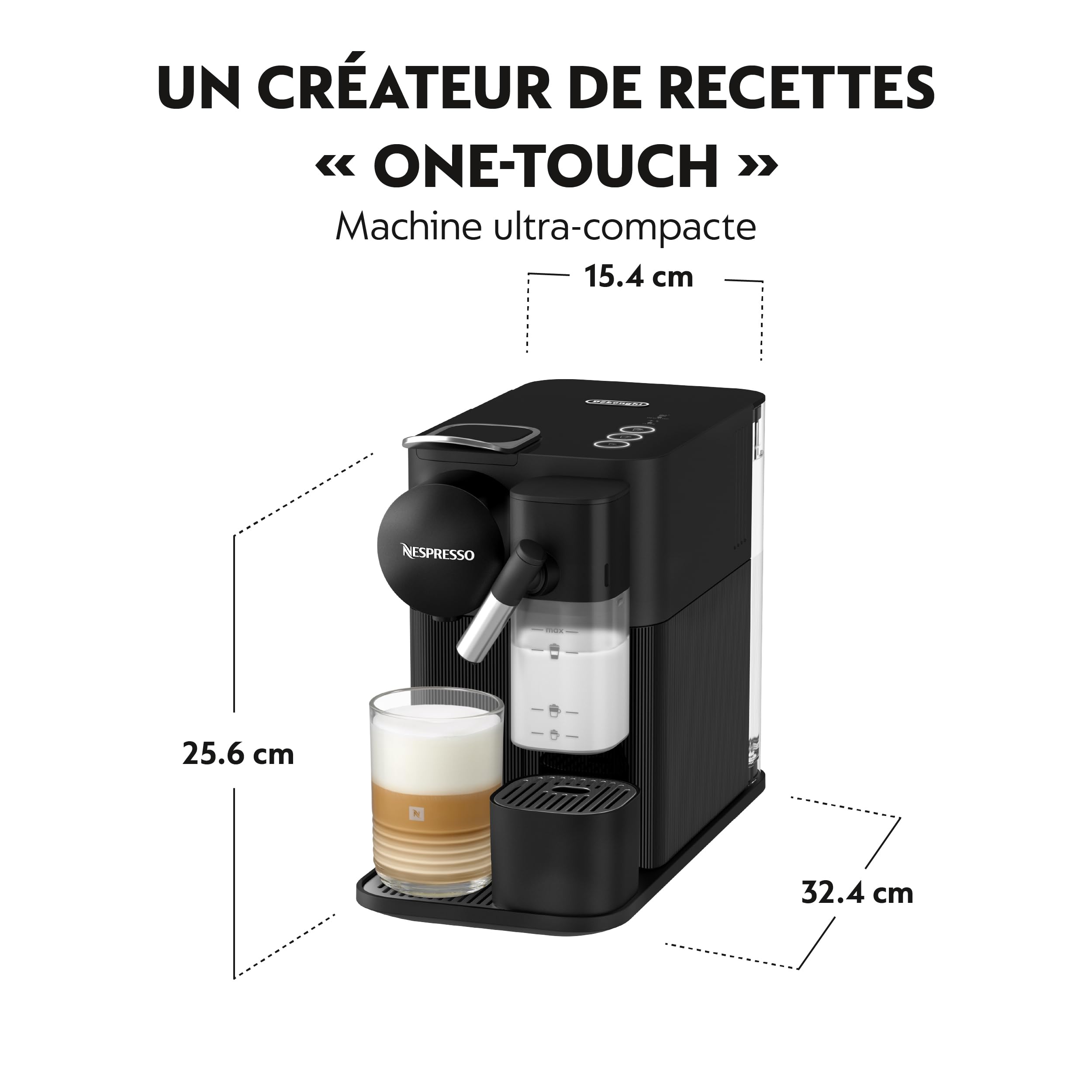 Nespresso De'Longhi Machine à café Lattissima One Noir, 19 Bars + Kit de Bienvenue, Design Compact, Expresso, Lungo et Recettes Lactées, Arrêt Automatique, EN510.B