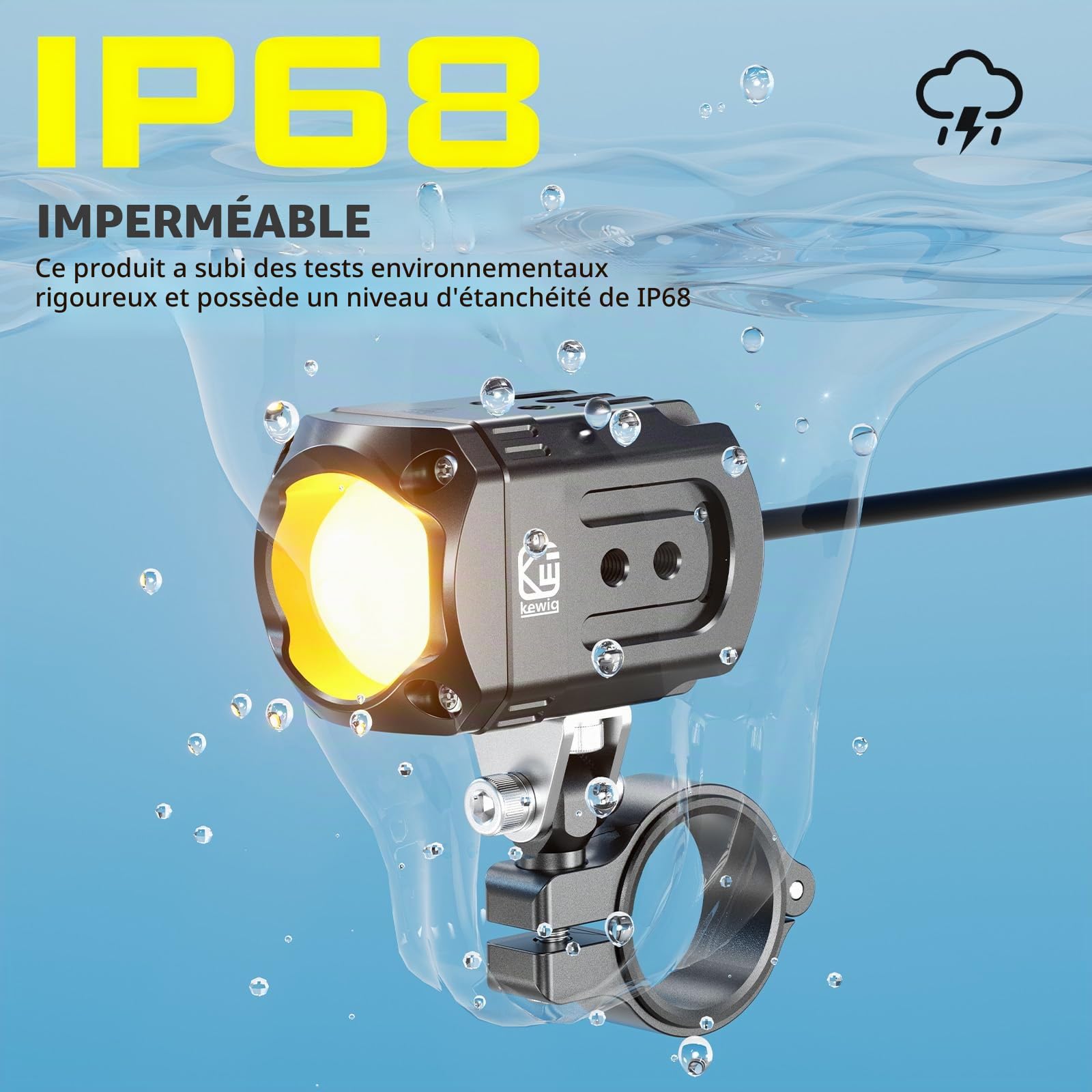 Kewig Éclairage supplémentaire LED pour moto, 60 W, ambre/jaune blanc, phares auxiliaires bicolores, phares antibrouillard avec faisceau de câbles, phares de travail tout-terrain, compatible avec