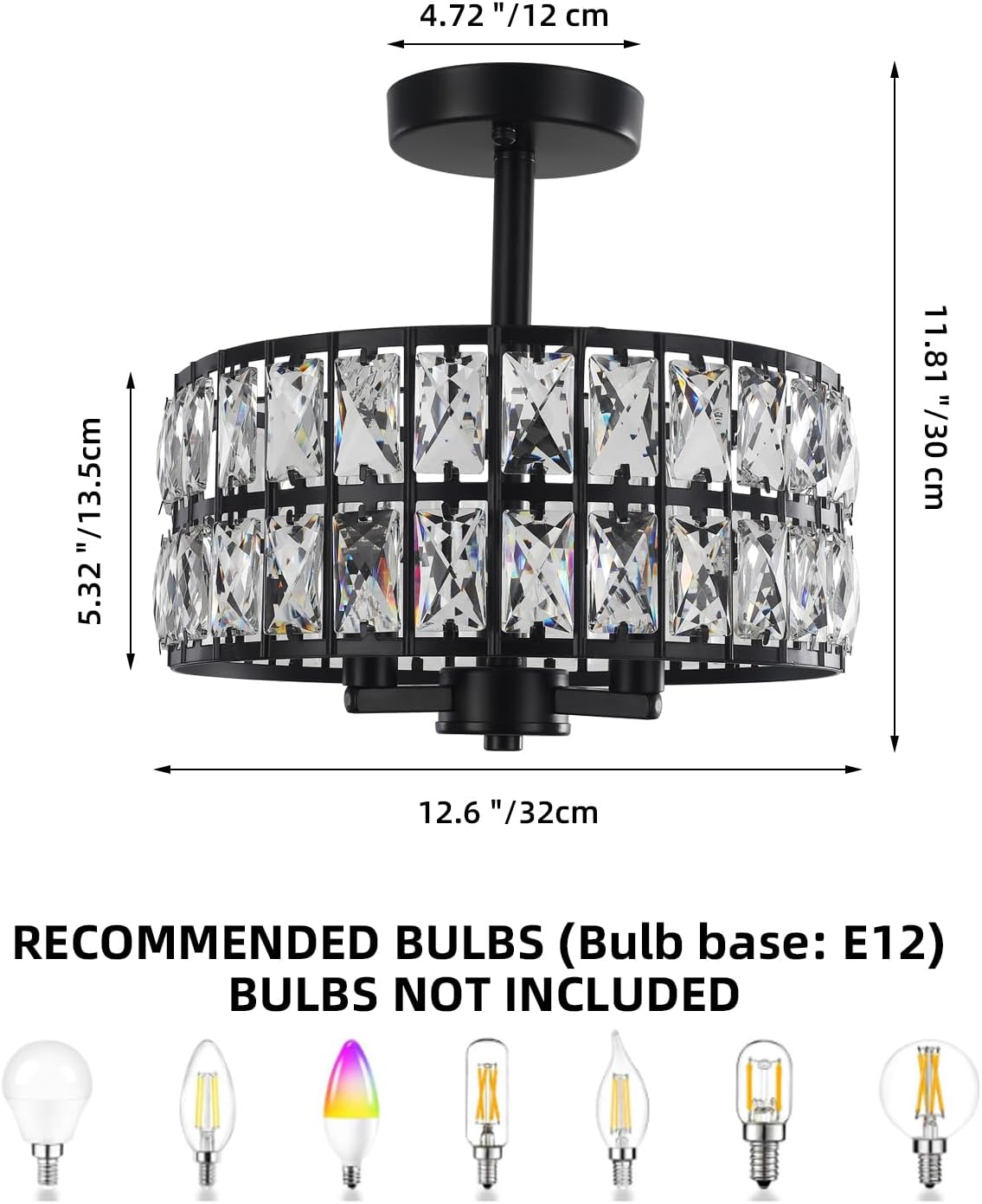 Crystal Ceiling Light Fixture, 12.6" Black Semi Flush Mount Ceiling Lights for Bedroom 3-Lights Modern Farmhouse Drum Round Crystal Chandelier for Entryway, Foyer, Dining Room, Kitchen, Hallway