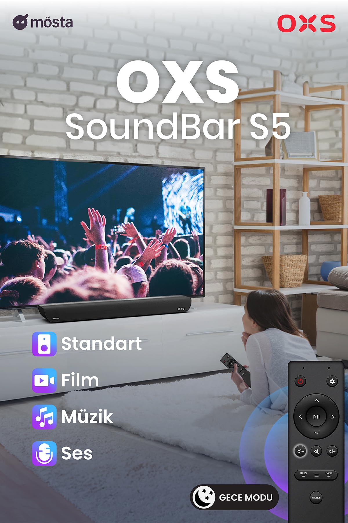 OXS S5 Dolby Atmos Soundbar 3.1.2 kanal, entegre subwoofer, esnek