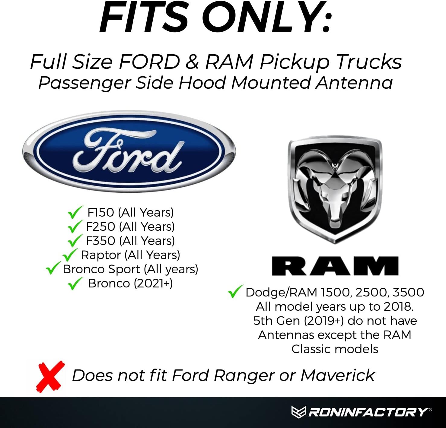 RONIN FACTORY Bullet Antenna for Dodge RAM & Ford F150 F250 F350 Super Duty Ford Raptor Bronco Truck Ford F150 Accessories - Anti-Theft Design - Short Replacement Antenna 1990 - Current