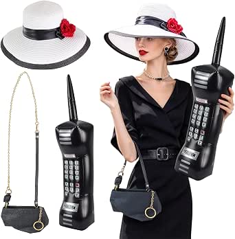 Yewong 90s Movie Costume Accessory Set with Floral Hat, Inflatable Phone, and Handbag