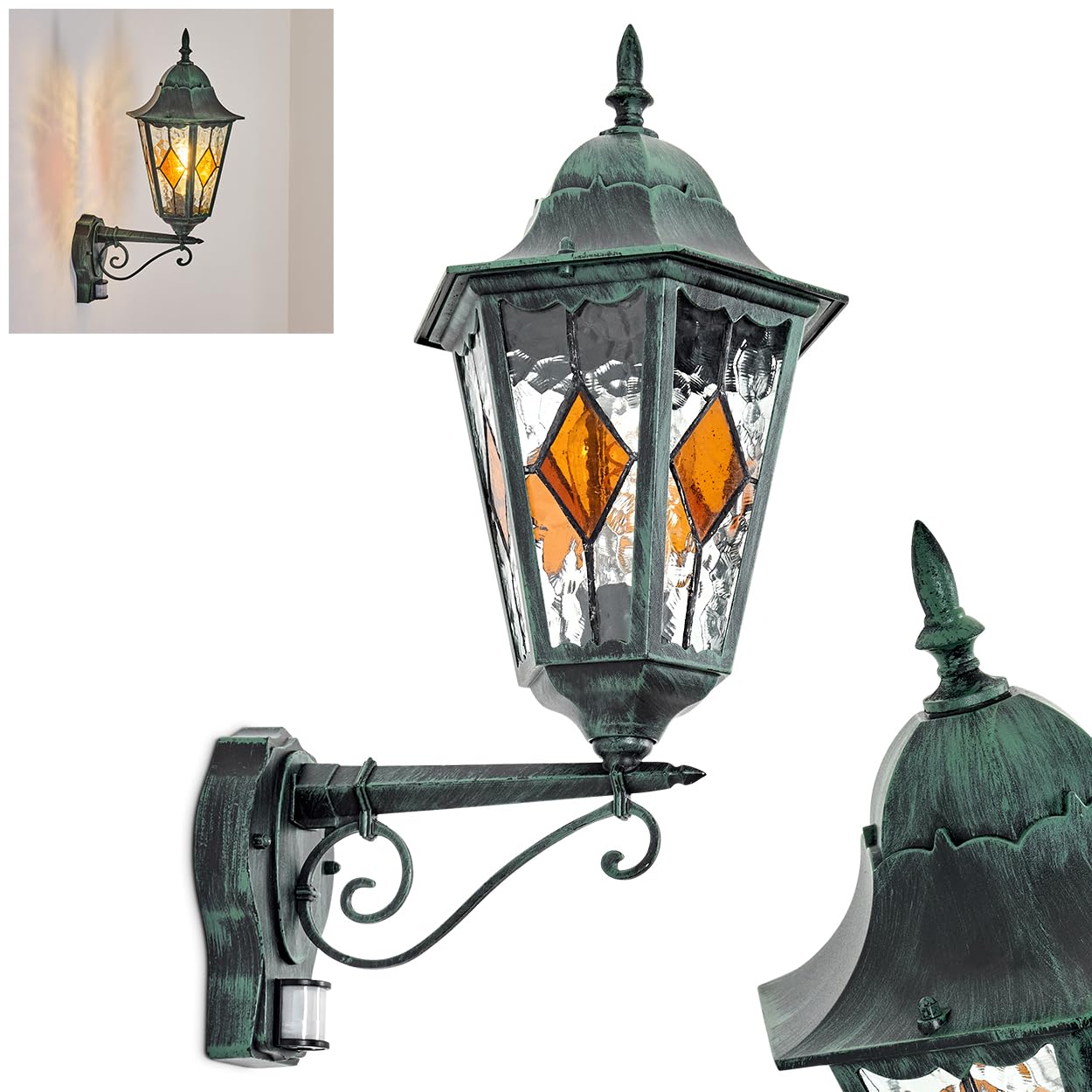 HOFSTEIN Außenwandleuchte Hongkong, Außenwandlampe mit Bewegungsmelder aus Metall/Glas in Schwarz/Grün/Klar/Orange, Wandleuchte außen Vintage/Antik/Landhaus, E27, IP44, Garten, Außenbereich, Haustür