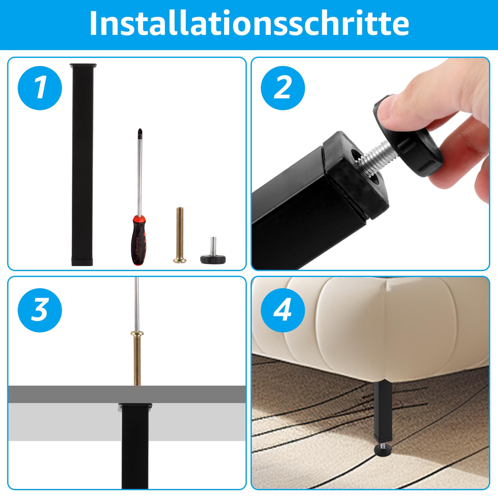 Lot de 4 pieds de lit réglables en hauteur 30 cm en métal avec vis pour lit, cadre de lit, canapé, armoire