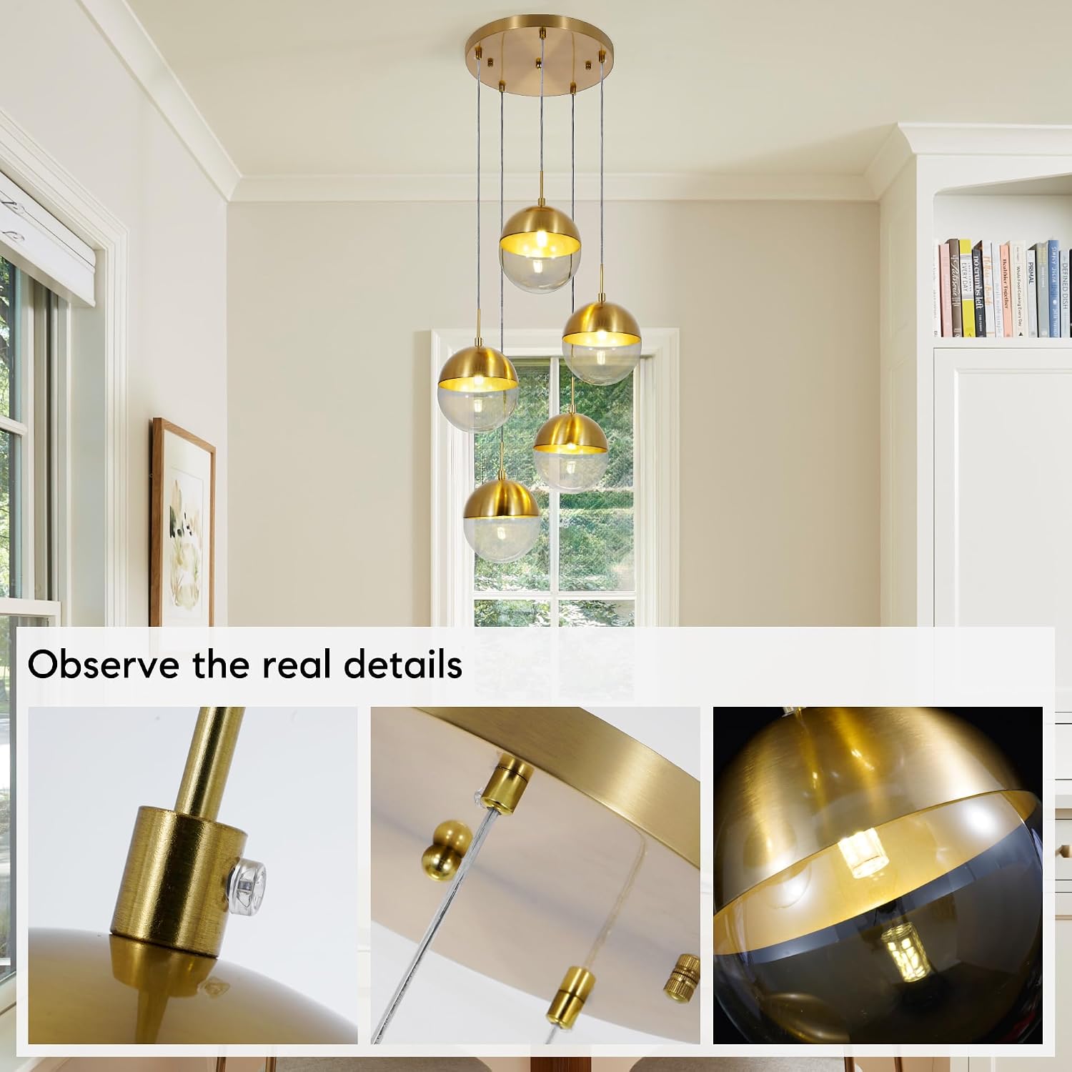 Modern 5 Lights Pendant Lighting Gold Glass Globe Cluster Pendant Light Fixtures Mid Century Multi Light Brushed Brass Ceiling Hanging Chandelier Lighting for Kitchen Island Dinning Room