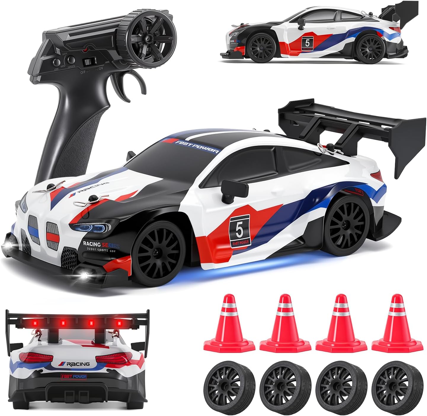 RC Drift Car, 1:24 Scale Remote Control Vehicle for Kids,2.4GHz 20KM/H 4WD High Speed RC Cars with LED Light, Two Batteries & Drifting Tires Racing Sport Toy Cars for Adults Boys Girls Kids 8607WH