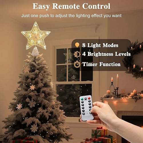 Miniatura 63 de Lewondr Decoración para árbol de Navidad, control remoto alimentado por USB, temporizador de 6 horas, estrella de árbol controlada con luces y Plata