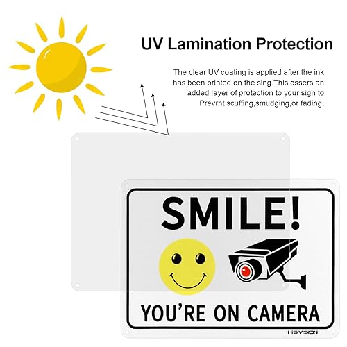 Miniatura 2 de Cartel de "Smile You're on Camera", paquete de 2 letreros de videovigilancia, señal de advertencia de aluminio de 10 x 7 pulgadas, protección UV,