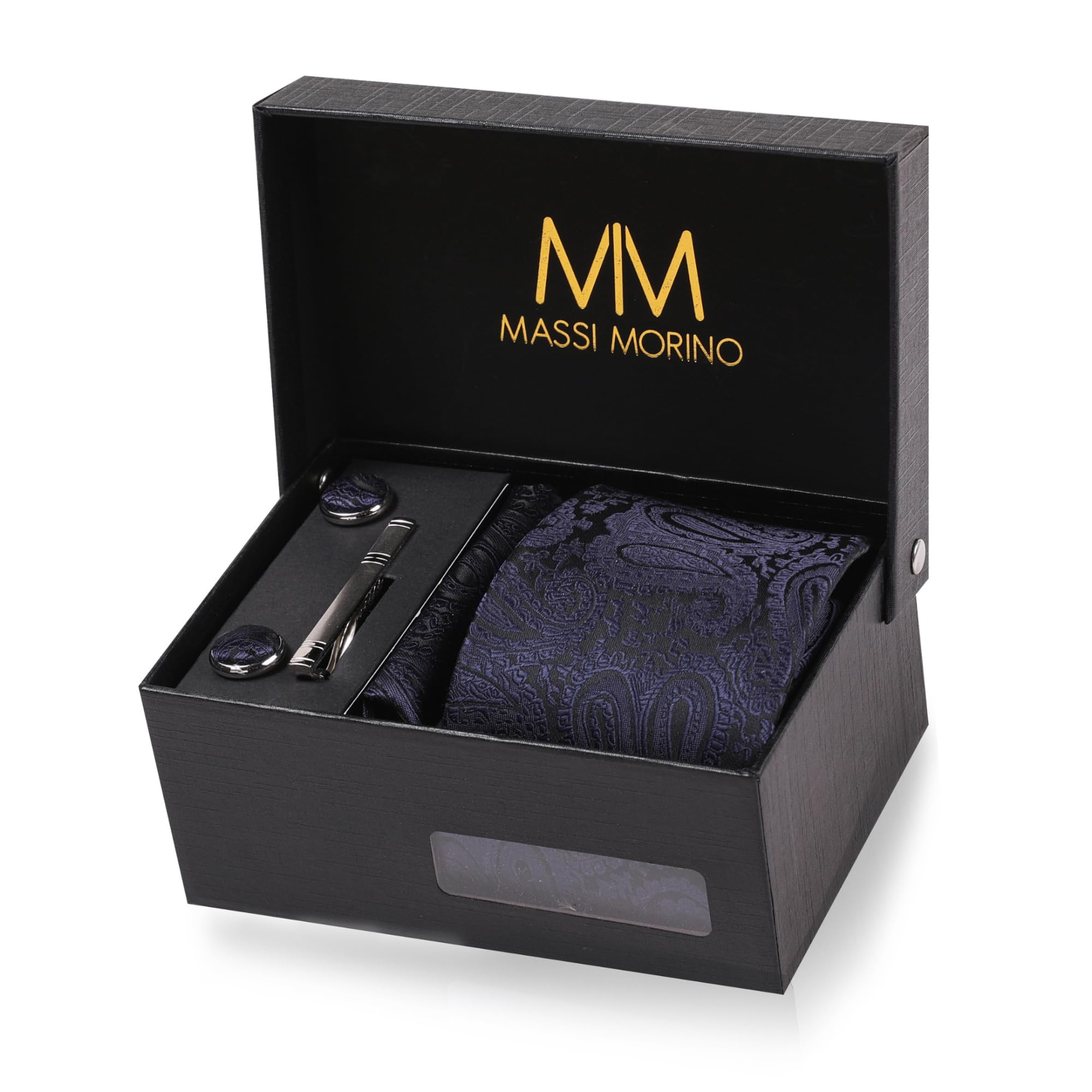 Massi Morino Krawatte Paisley Dunkelblau 5‑in‑1 Geschenkset