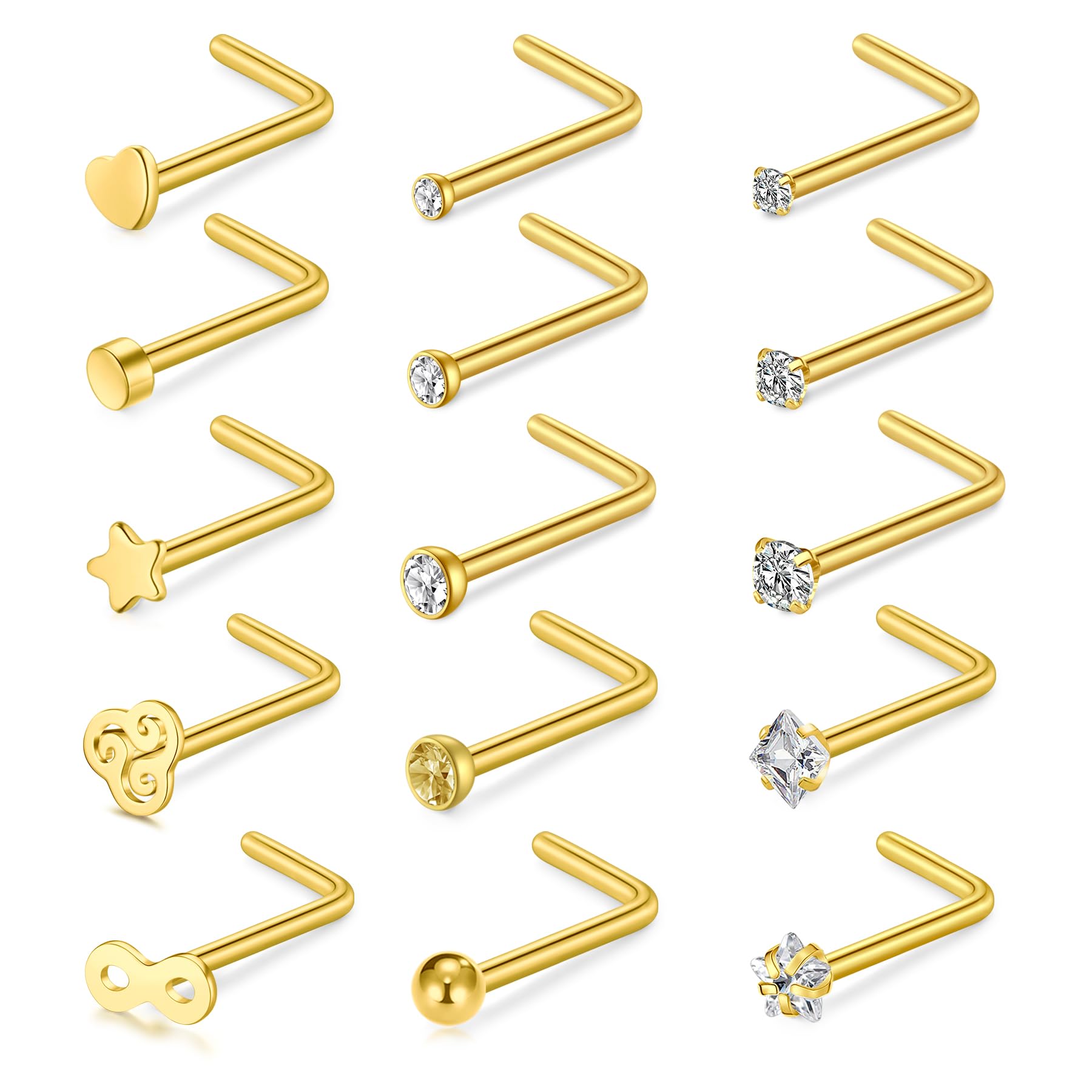 WillTen 20G Nose Studs L Shape Women Nose Studs Colorful Diamond CZ Silver Stainless Steel Heart Start Piercing Jewelry — view 14