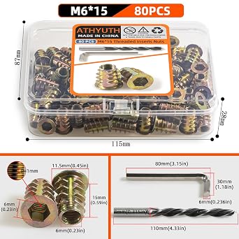 Threaded Inserts for Wood, 80 Pieces Zinc Alloy Thread Inserts Nuts for Soft Wood, Hex Socket Flanged Threaded Wood Inserts M6*15mm Screw Inserts for Wood Forniture
