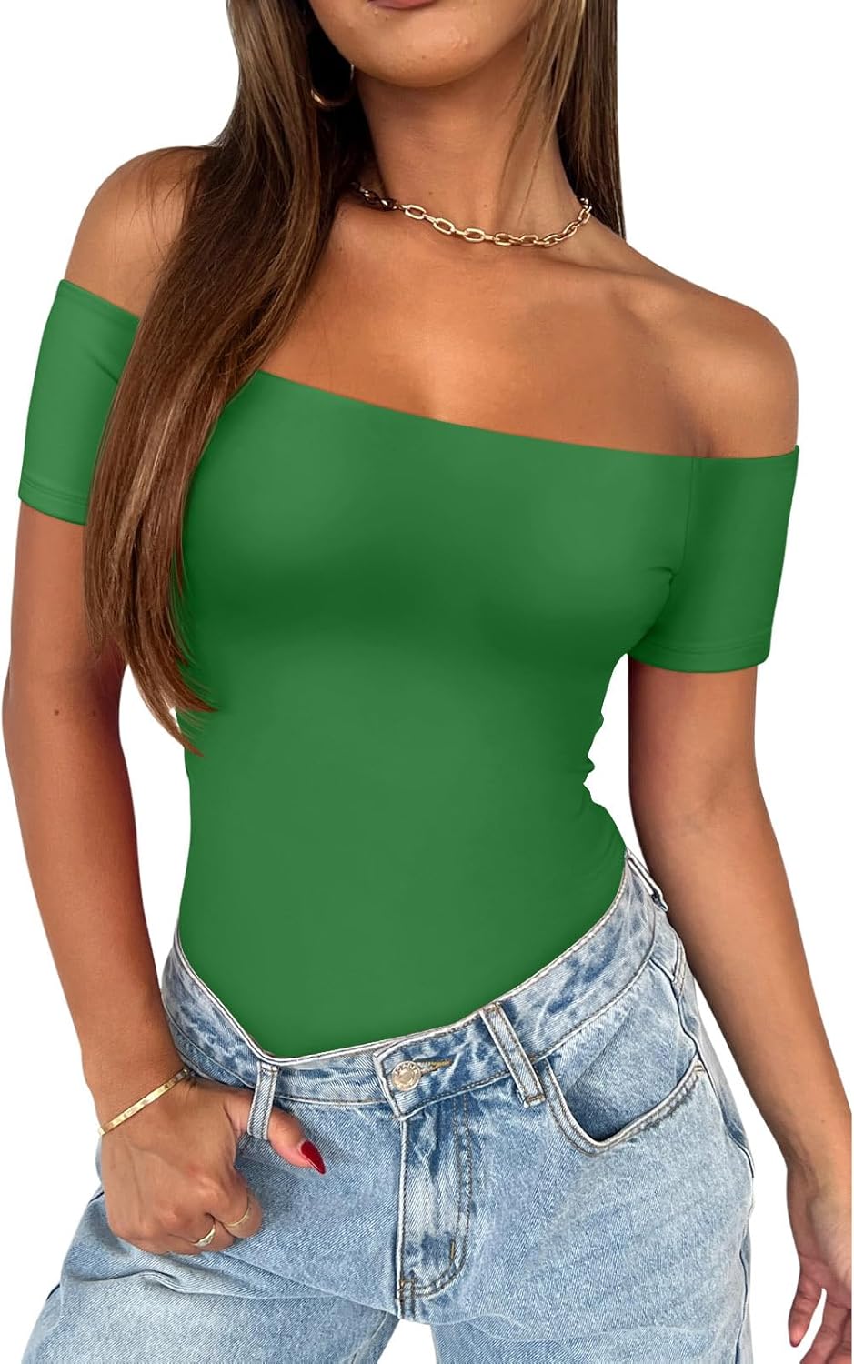reoria women sexy off the shoulder short sleeve backless basic double lined thong bodysuit tops small kelly green