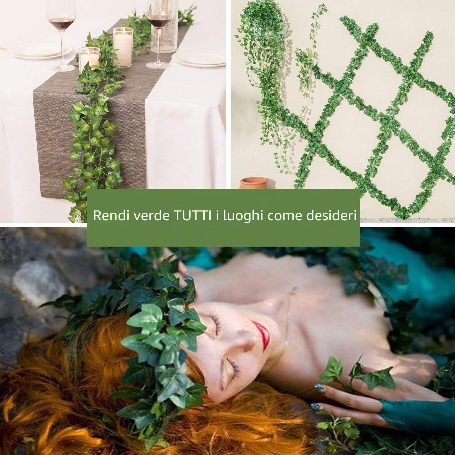 Confezione da 12 viti finte per decorazione della stanza, ghirlanda di edera artificiale con clip di fiori verdi, piante appese finte foglie vegetali per camera da letto, parete, matrimonio