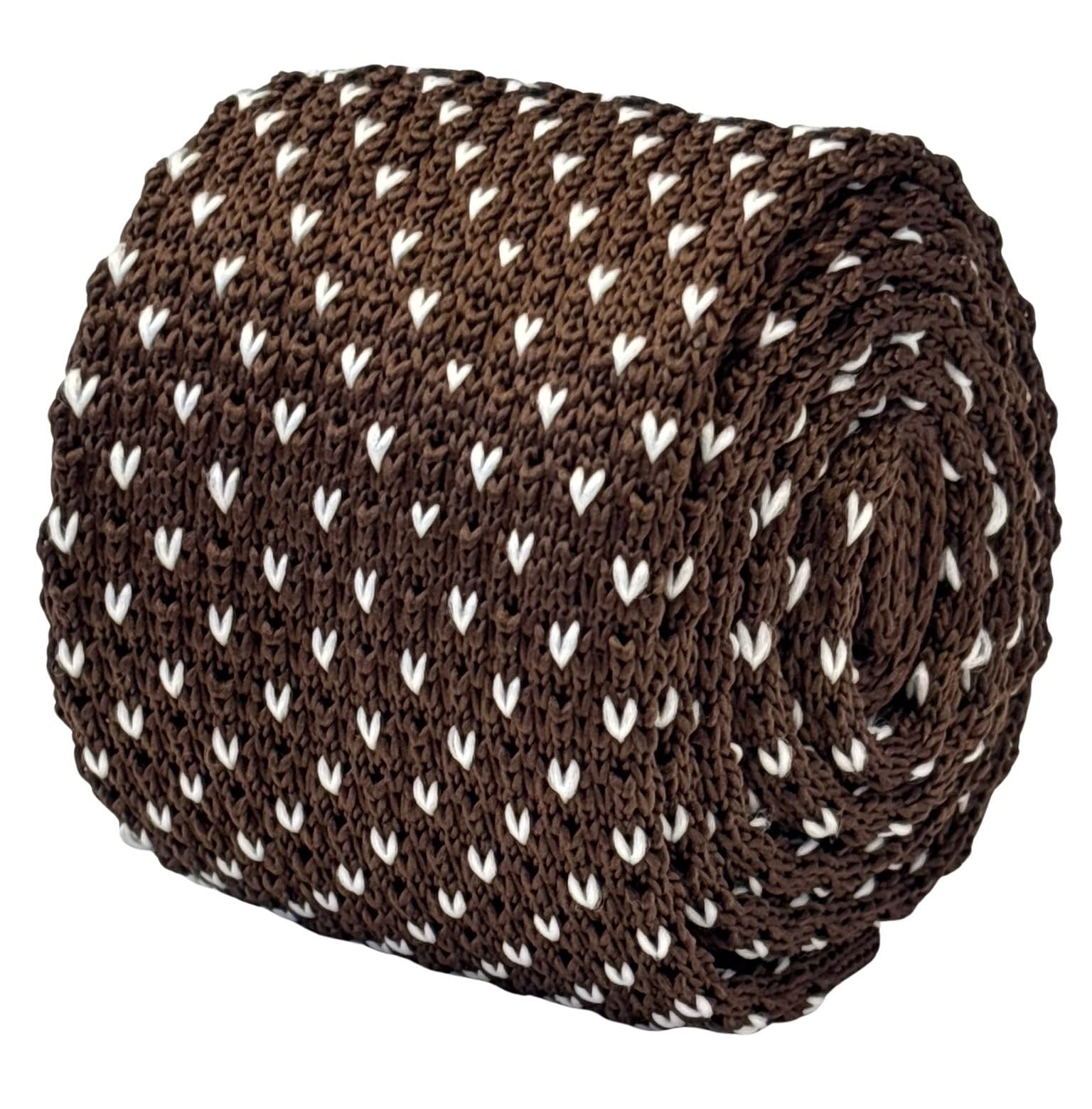 Frederick Thomas Men's Knitted Necktie, Chocolate Brown with White Pin Spots, 5cm Width, British Designer