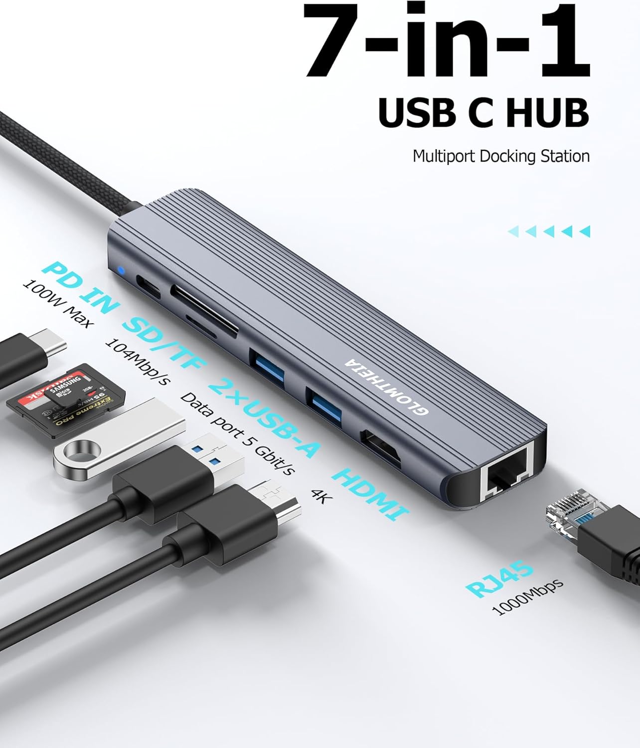USB C Hub Ethernet HDMI Adapter for Mac MacBook Air/Pro Laptop, Multiport Dock with RJ45 Gigabit Ethernet, 4K HDMI, USB 3.0, SD/TF Card Reader, PD 100W Charging
