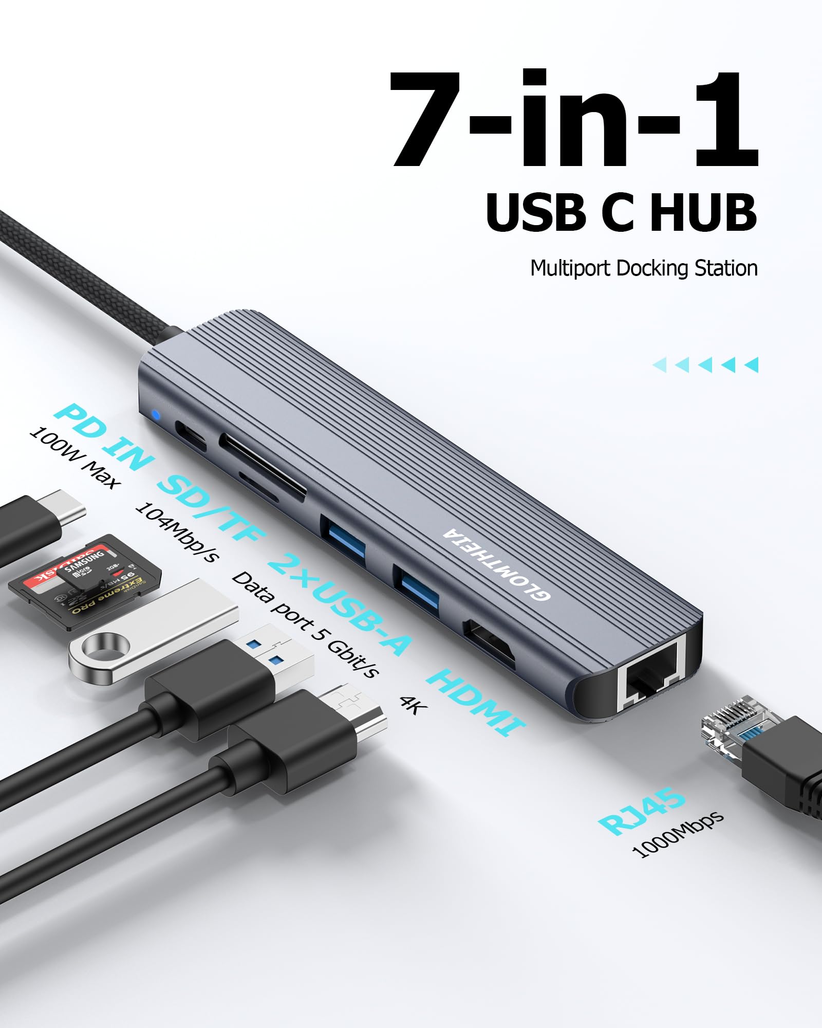Dock USB C HDMI Ethernet pour Macbook Air/Pro M1/M2/M3, Adaptateur Multiport Hub avec HDMI 4K, USB 3.0, SD/TF, Ethernet RJ45