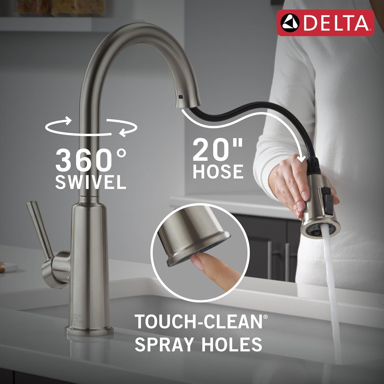 Delta Finnridge Brushed Nickel Kitchen Faucet with Pull Down Sprayer, High Pressure ProClean Spray Modern Single Hole Kitchen Sink Faucet, Stainless 19730LF-SS - Image 7