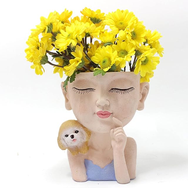 KOCNYDEY Face Flower Pot Cute Girl and Dog Planter Resin Lady face Head Planter Pot Closed Eyes Planter Pot with Drainage Hole Succulent Planter Pot for Plants Flower Cactus Garden Indoor Outdoor