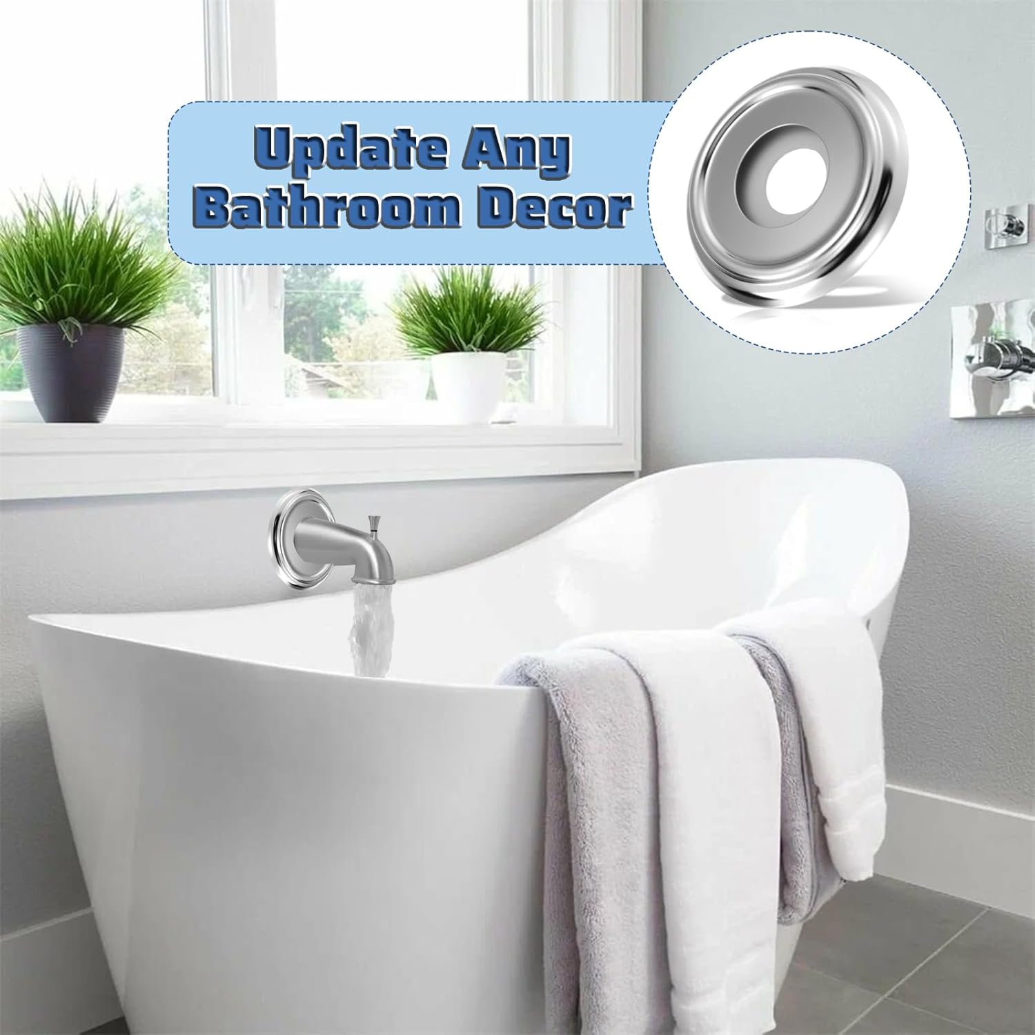 Sibba Metal Tub Spout Cover Ring Stainless Steel Bath Faucet Wall Plate with Foam Gasket Bathtub Spout Trim Plate Ring 1-1/2 Inch ID 3-5/8 Inch OD Chrome Finish for Gap Protection