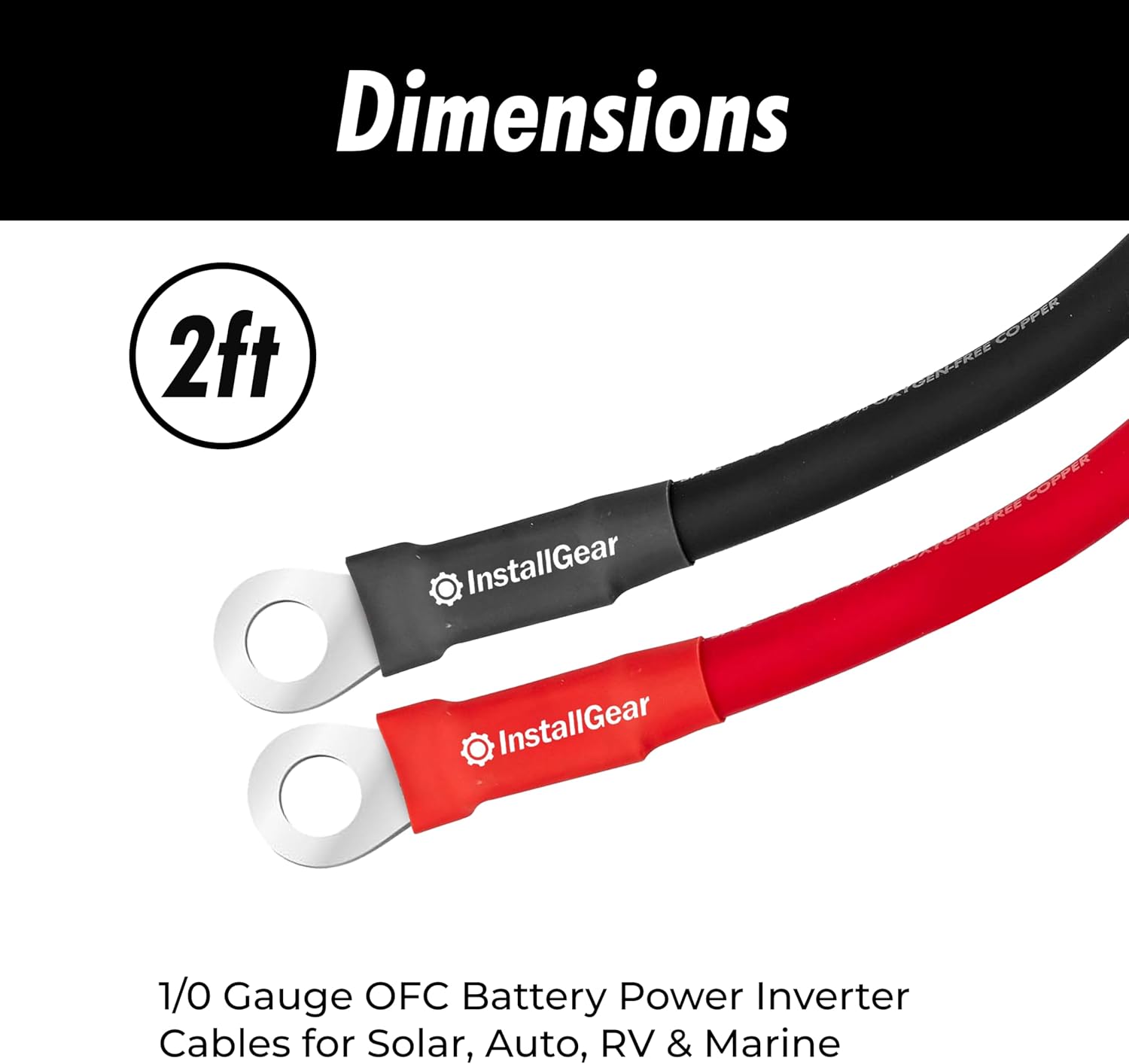 InstallGear 1/0 Gauge Wire - 2 Feet OFC Battery Power Inverter Cable Set - Durable PVC Jacket and Tinned Copper Lugs - Reliable 1/0 Battery Cable for Car, RV, Marine, Solar
