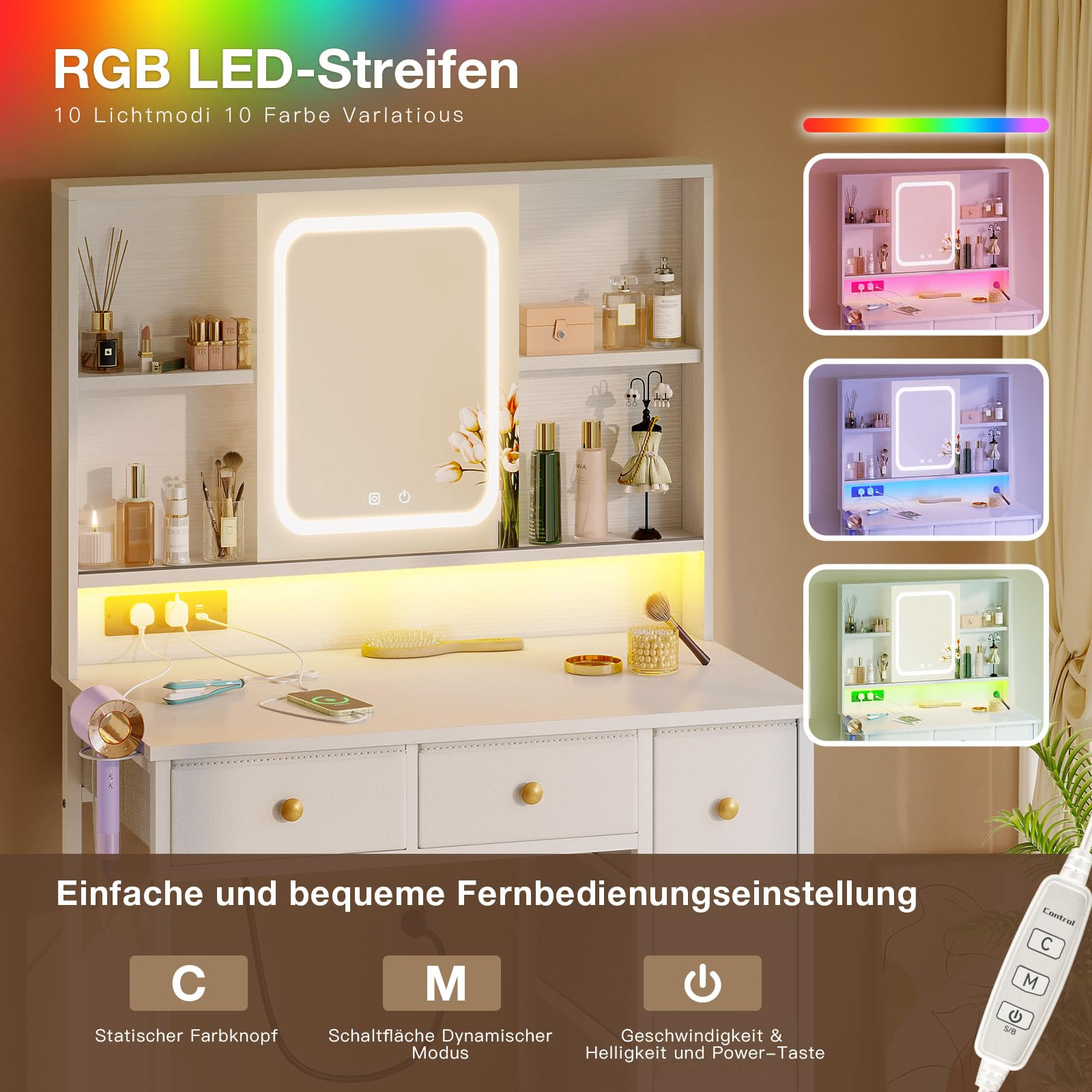 ODK Schminktisch mit Verstellbarem LED-Spiegel & Eingebauten USB-Steckdosen & RGB-Lichtleiste, Toilettentisch mit 5 Stoffschubladen & 3-Etagen-Regalen, Weißer Schminktisch 90×40×139cm