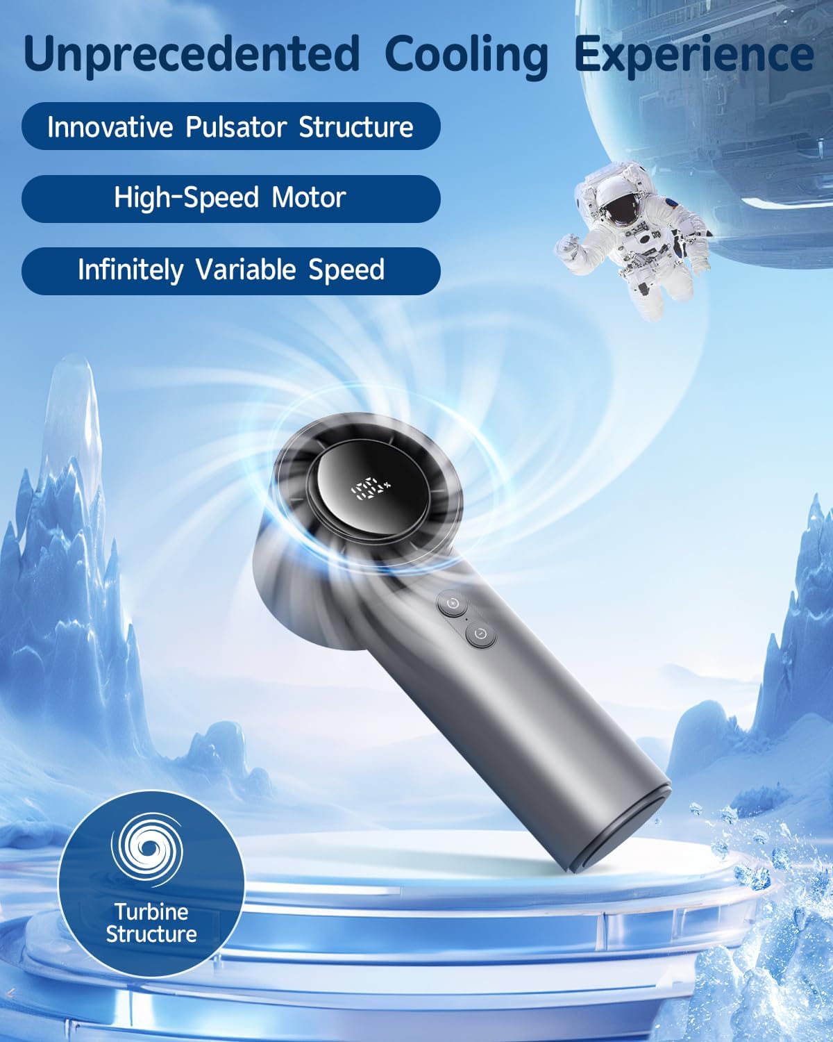 EasyAcc AI Portable Turbo Fan,Speed(1-100) Adjustable Max 26640RPM Strong Airflow,4000mAh LED Digital Display Turbo Handheld Fan Battery Rechargeable Personal Fan for Camping/Outdoor-Grey