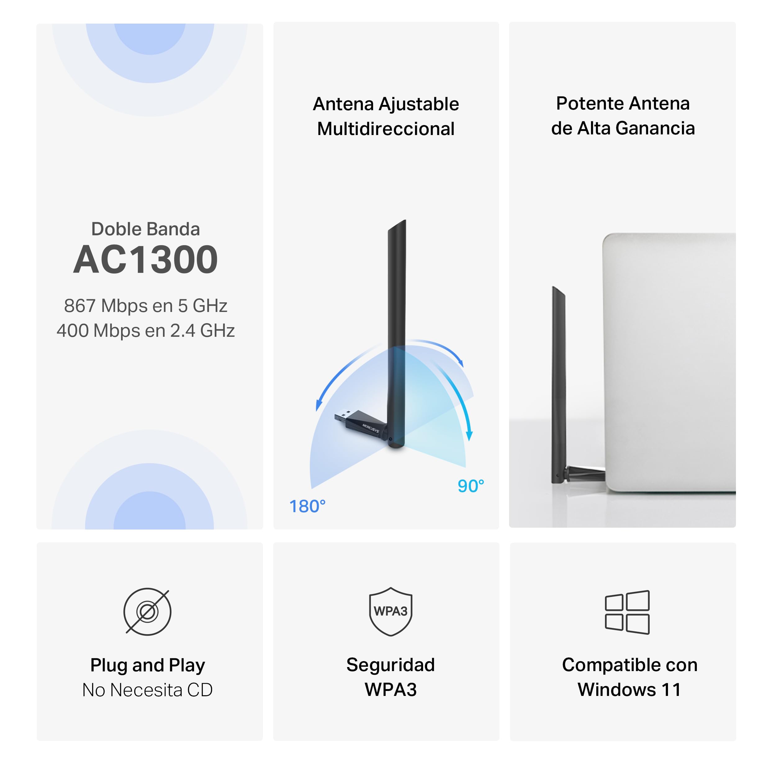 Mercusys MA30H - AC1300 Adaptador Wi-Fi Dual Band 5GHz/2.4GHz con Antena, para PC Desktop Laptop Tablet, Soporta Windows Compatible Windows 11/10 — view 4