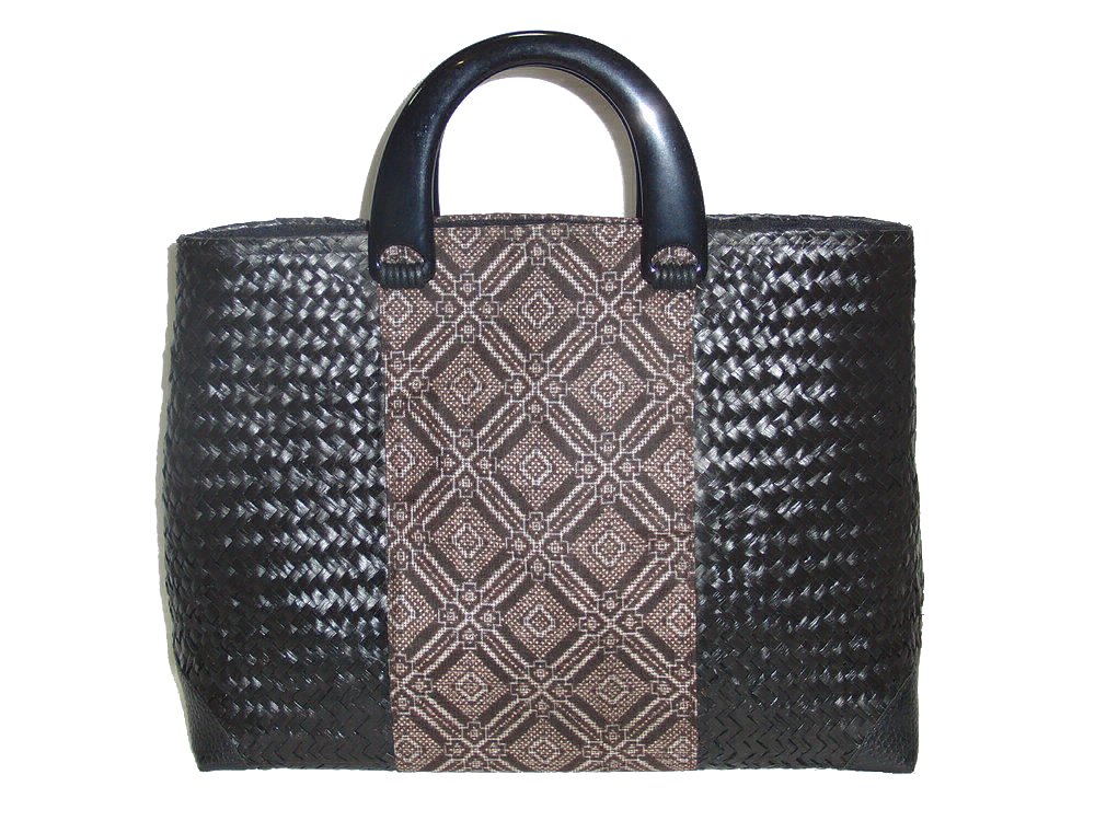 Japanese silk kimono and Thai sea grass handbag for women (large (half handle), black)