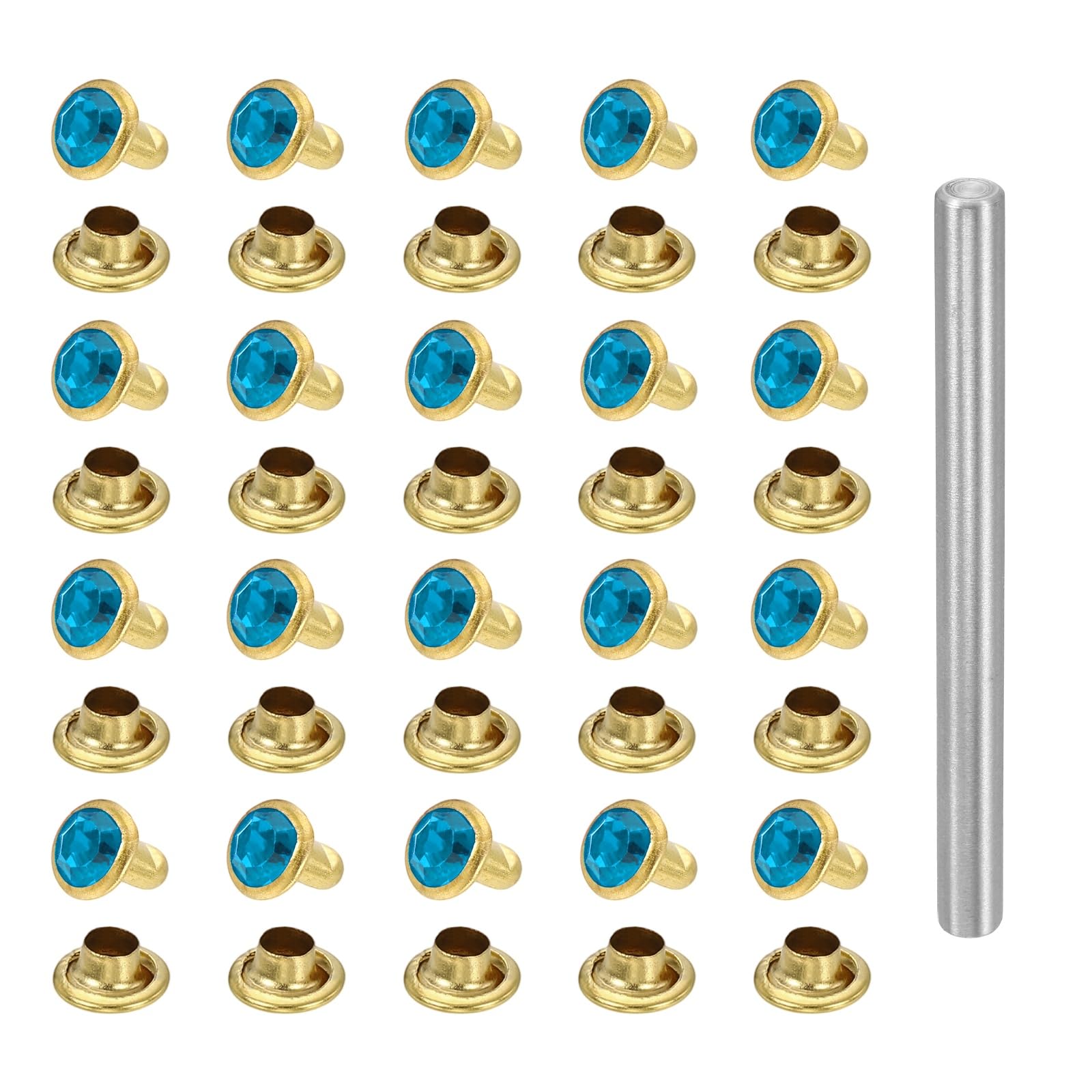 sourcing map 100pcs Crystal Rivets 6mm Rhinestone Rapid Stud Rivets with Steel Installation Tool for Clothing Leather Fabric Arts Decoration Leathercraft DIY, Gold Light Blue