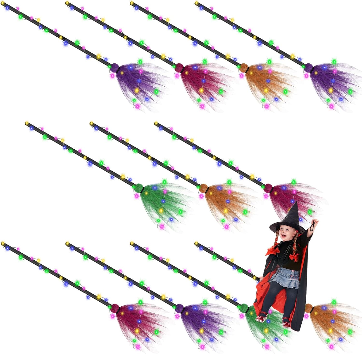 Liliful 11 Pcs Halloween Witch Broom with Light Witch