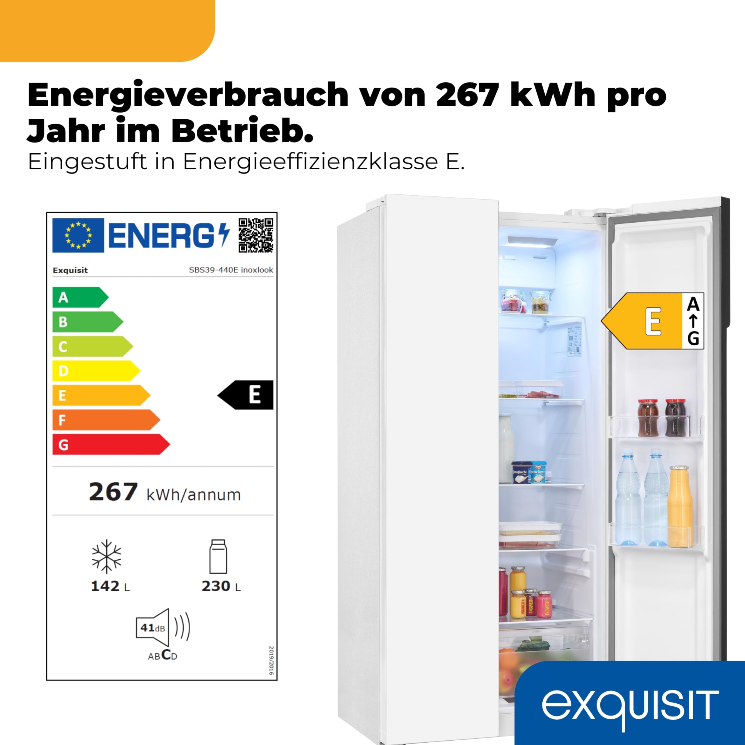 Exquisit Side-by-Side Kühlschrank SBS39-440E - No Frost Kühl-Gefrierkombi | 372 Liter Nutzinhalt, Energieklasse E, 41 dB leise, digitale Steuerung, LED-Licht & Türalarm, weiss