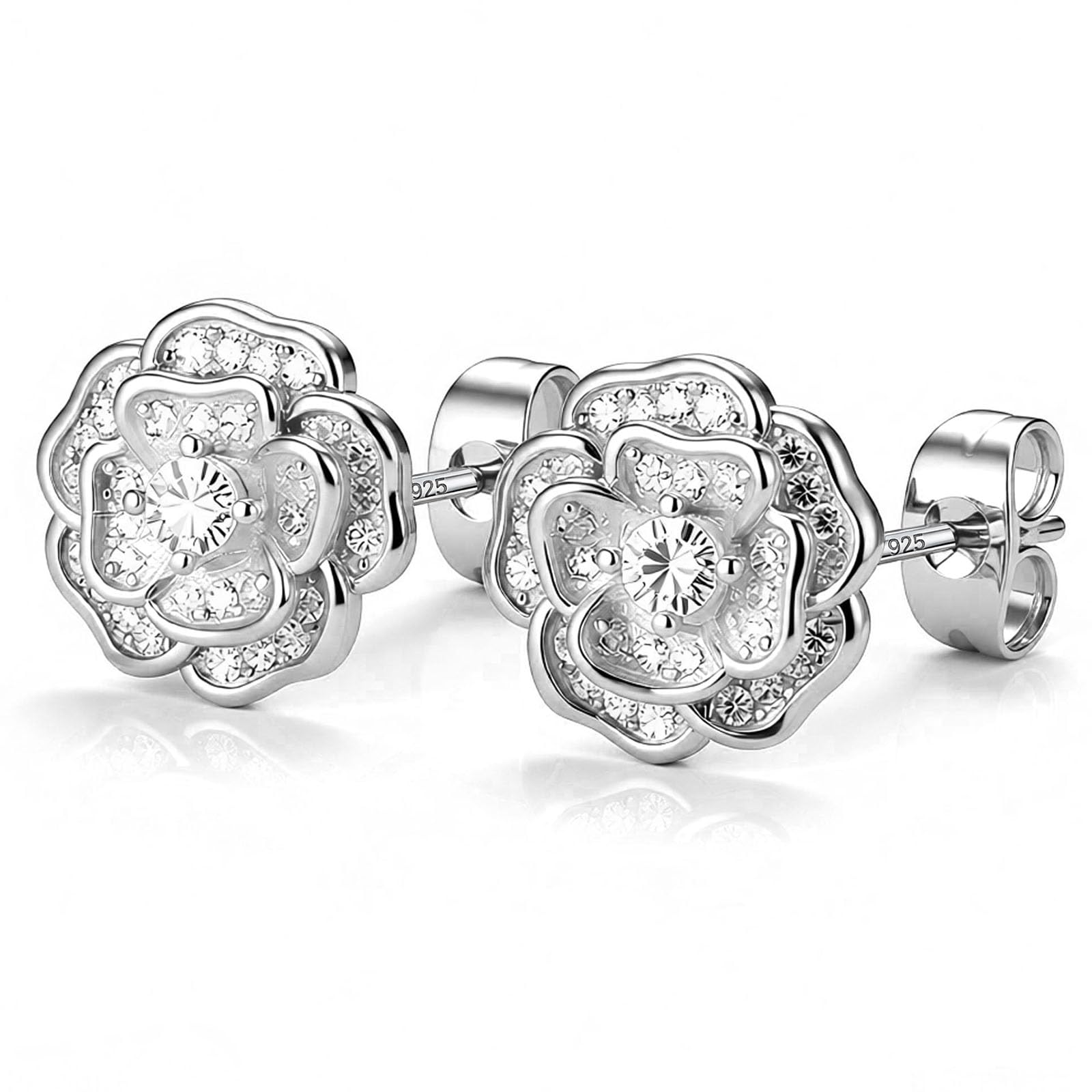 14K Gold Rose Flower Sterling Silver Stud Earrings For Women Dainty Rose Gold Pearl Earrings Hypoallergenic Earrings Cute Studs For Her Nickel Free