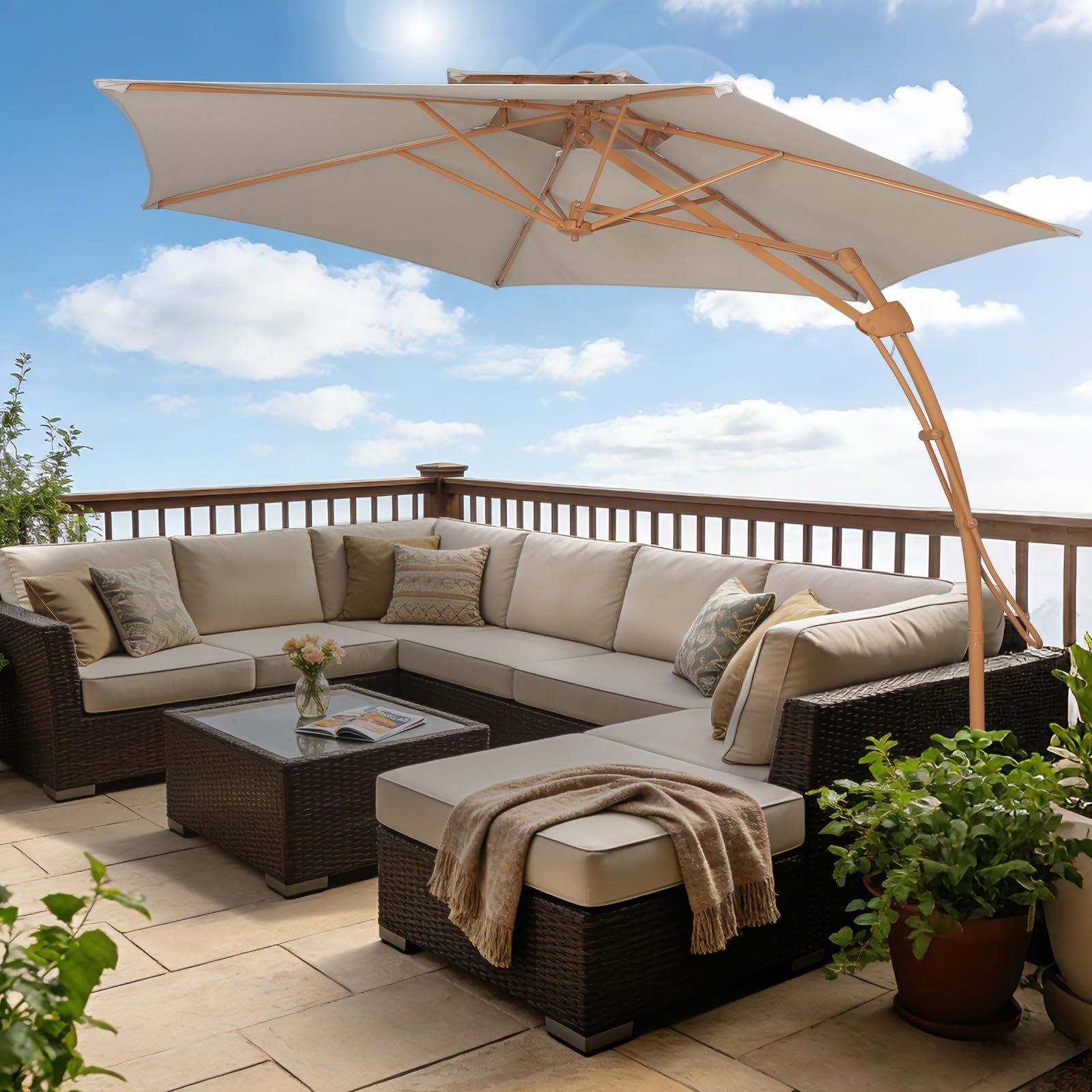 YOURLITE Parasol Déporté 3x3M,Parasol de Jardin Exterieur Beige
